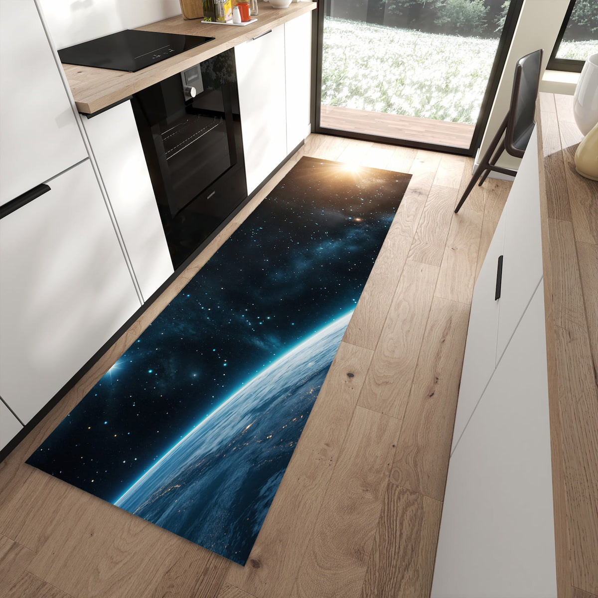 Waschbarer Küchenläufer mit Motiv Planet im Universum für Ordnung in moderner Küche