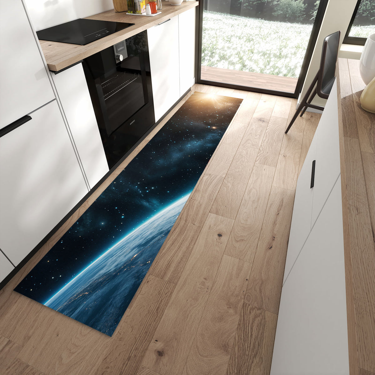 Langlebiger Küchenläufer mit Motiv Planet im Universum in moderner Küche
