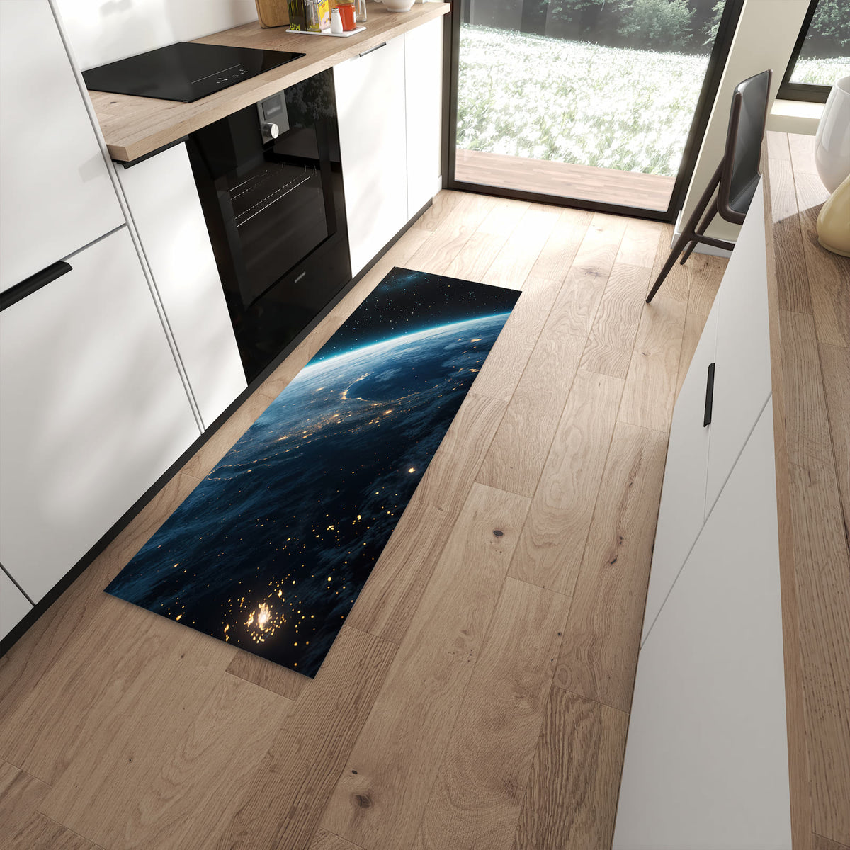 Strapazierfähiger Küchenvorleger mit Motiv Planet im Universum in moderner Küche