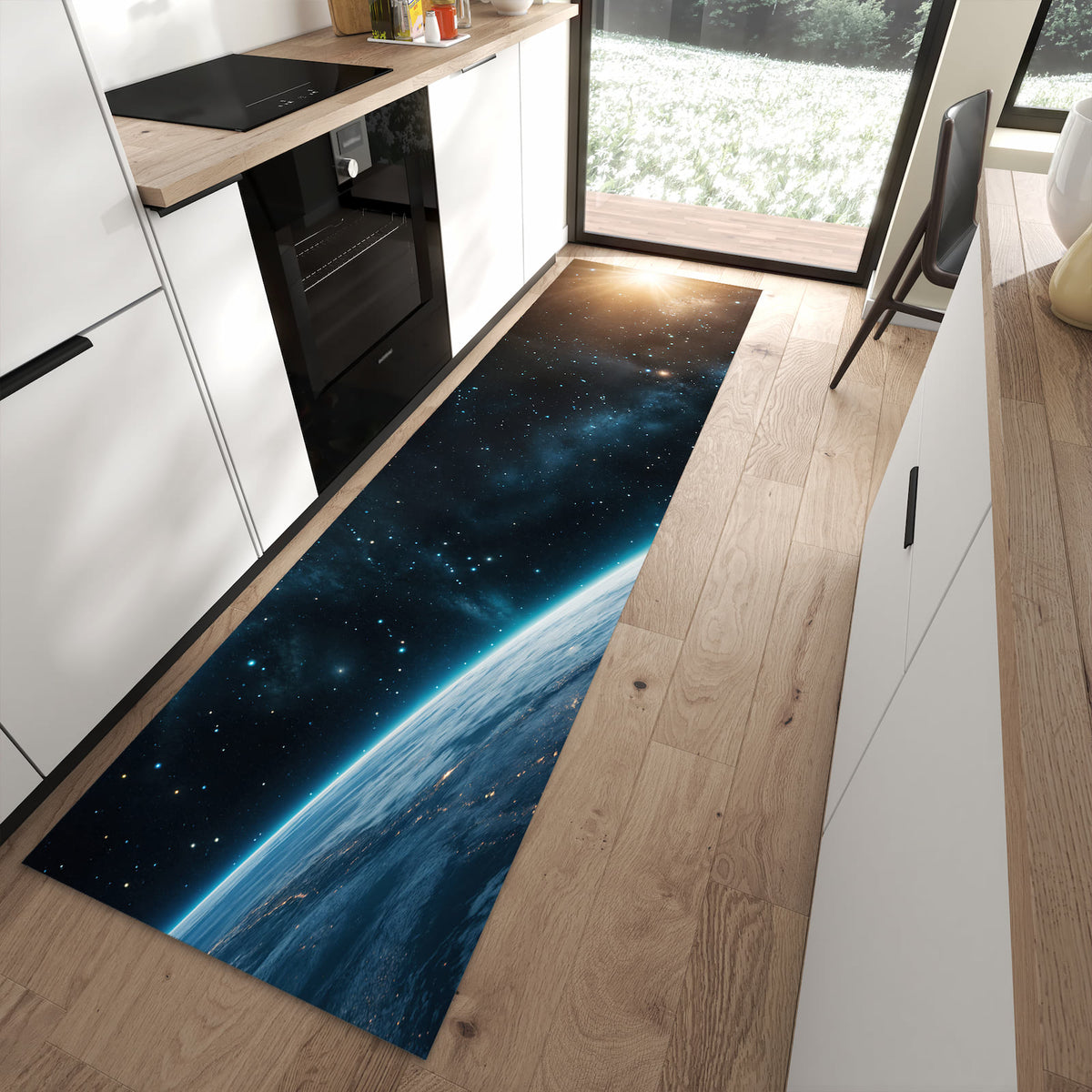 Bodenschonender langer Teppich mit Motiv Planet im Universum in moderner Küche