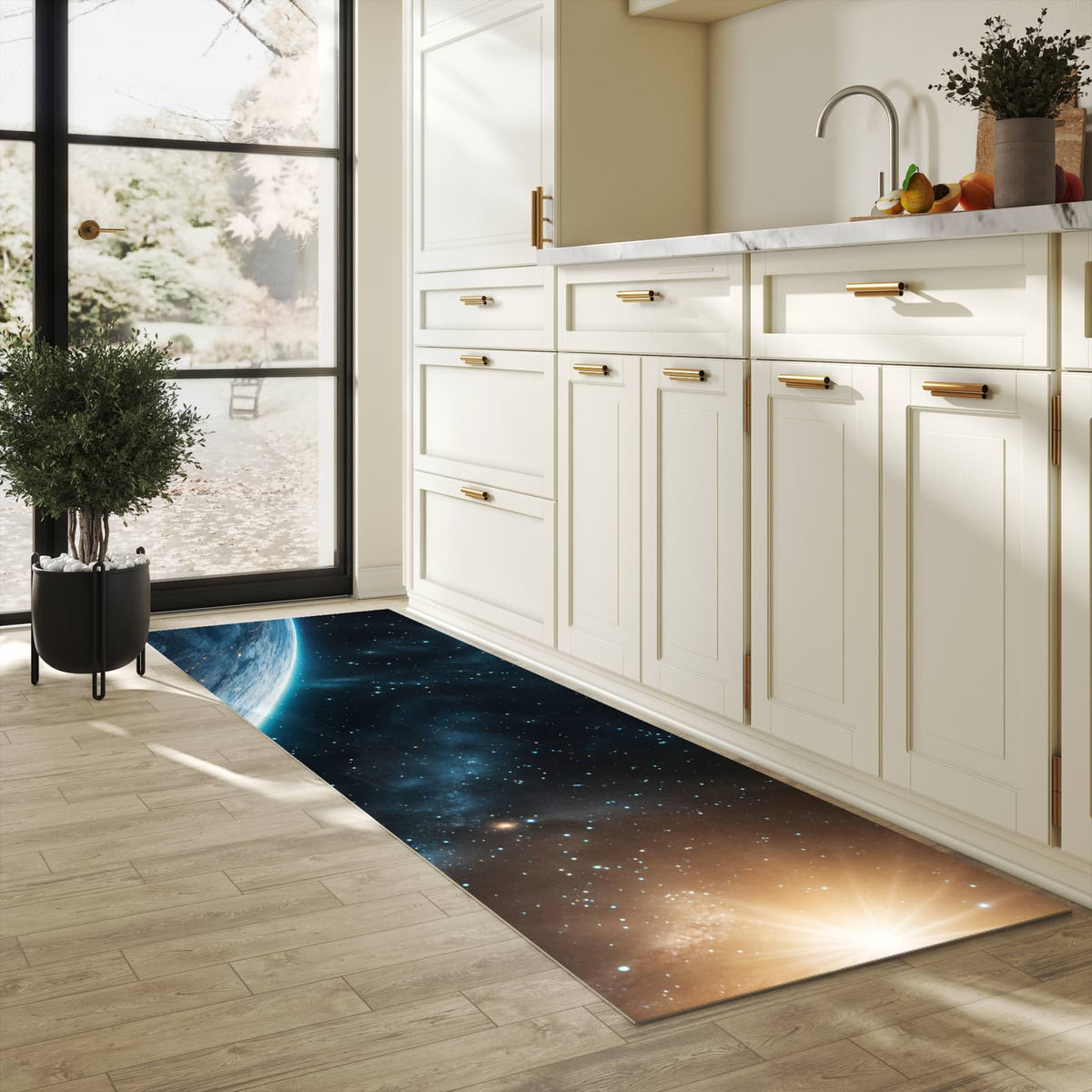 Rutschfester Küchenteppich mit Motiv Planet im Universum in heller Küche