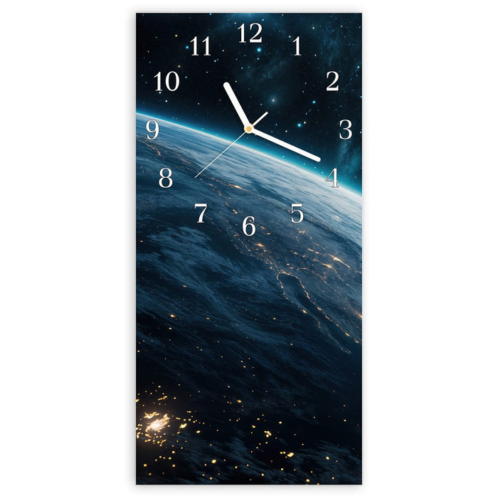Wanduhr Planet im Universum aus Glas – Hochformat 30 × 60 cm mit Ziffernblatt Klassisch
