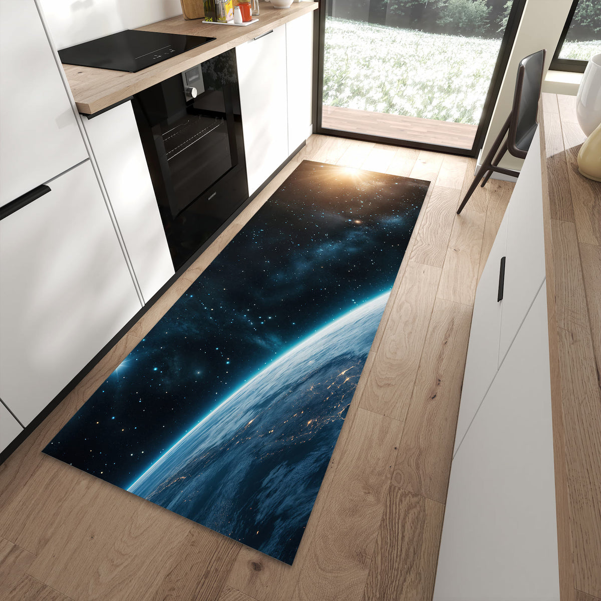 Dünner Küchenteppich mit Motiv Planet im Universum in moderner Küche für sicheres Aufbewahren
