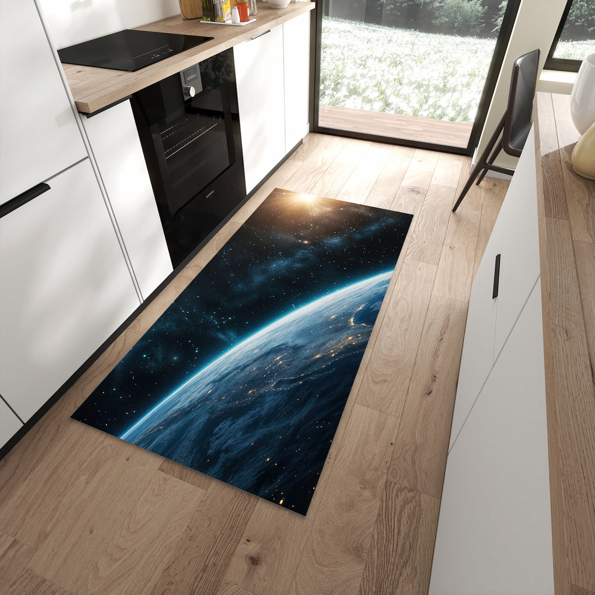 Formstabiler Läufer mit Motiv Planet im Universum in moderner Küche für rutschfesten Stand