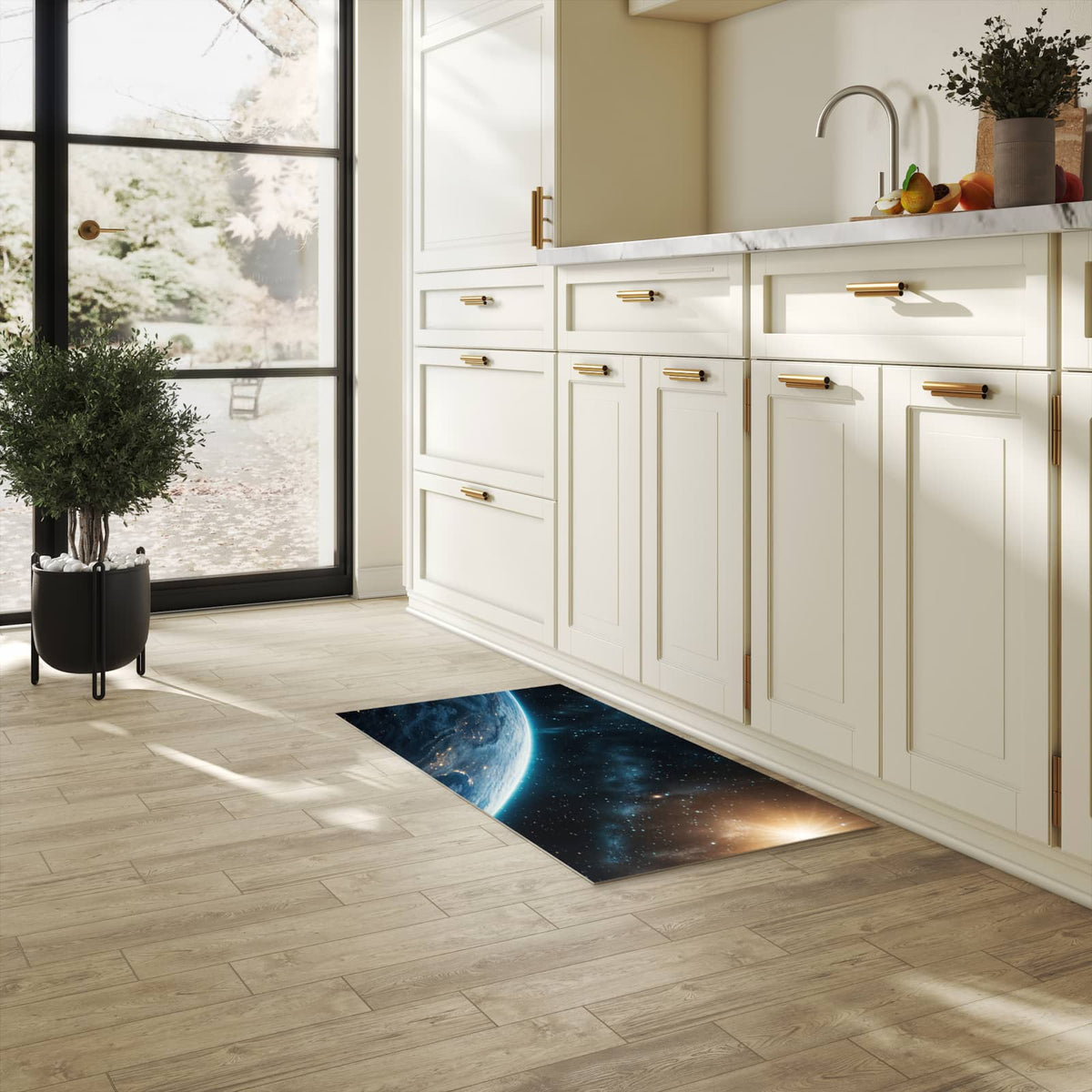 Pflegeleichter waschbarer Küchenläufer mit Motiv Planet im Universum in heller Küche