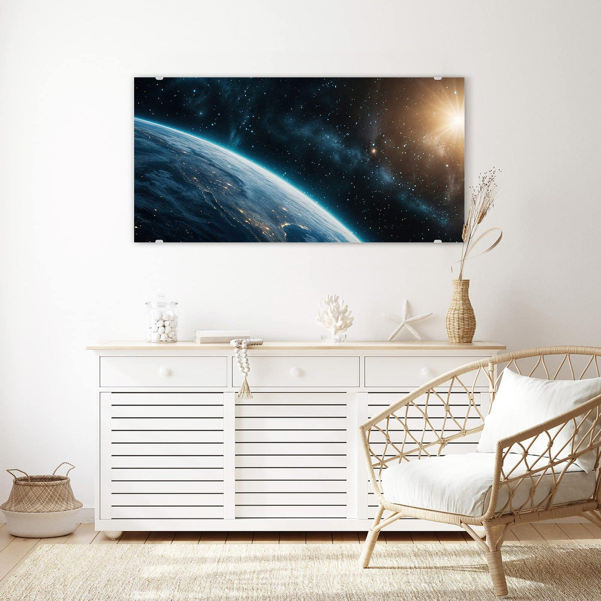 Echtglas, 4 mm – kein Acryl, keine Folie – Wandbild - Erdrand im Sternenlicht - Querformat