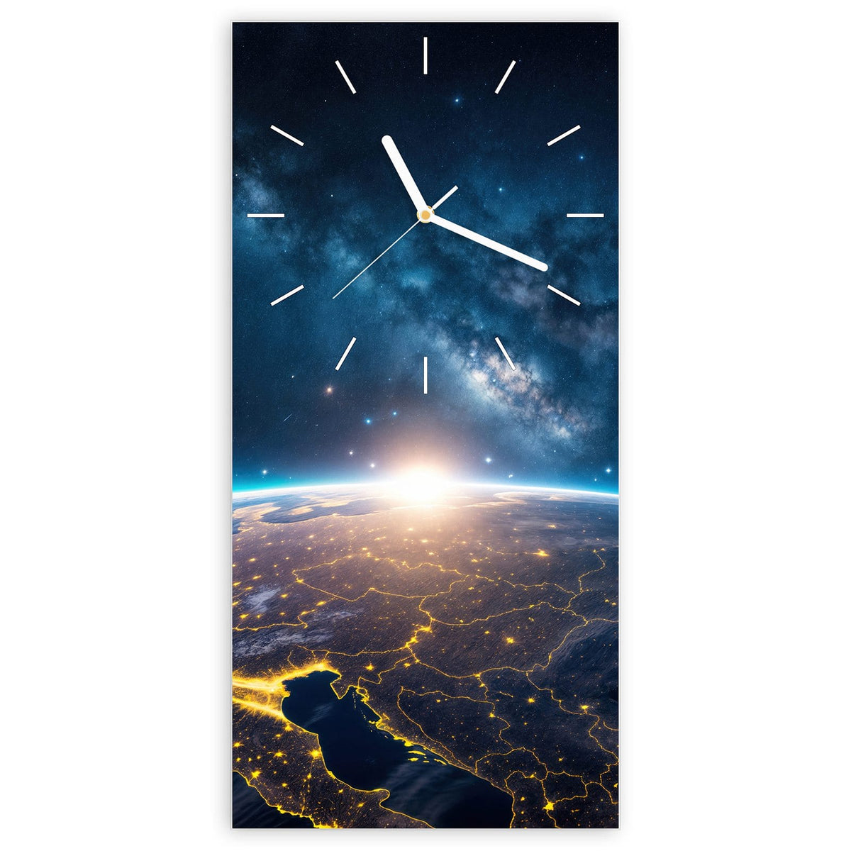 Wanduhr aus Glas, Ziffernblatt Linie mit Motiv Vernetzte Erde: Erde bei Nacht mit gelb leuchtenden Städten und Lichtnetzen, Milchstraße und Sonnenglanz am Rand