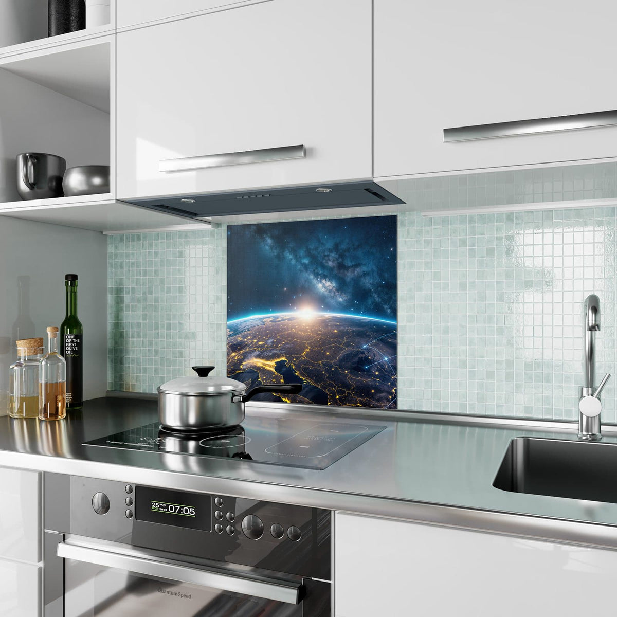 Küchenrückwand aus Glas Vernetzte Erde im quadratischen Format als Spritzschutz hinter dem Kochfeld, über dem Fliesenspiegel montiert