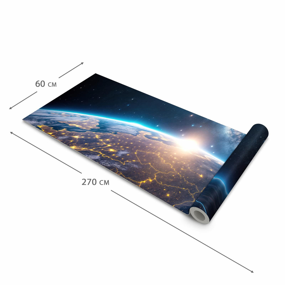 Schmutzabweisender waschbarer Küchenteppich mit Motiv Sonnenaufgang mit Erde in der Grösse 60x150 cm