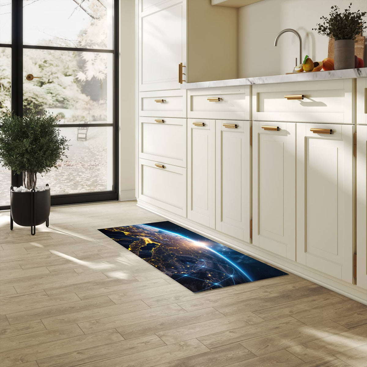 Küchenteppich mit Motiv Sonnenaufgang mit Erde in heller Küche für sicheres Aufbewahren