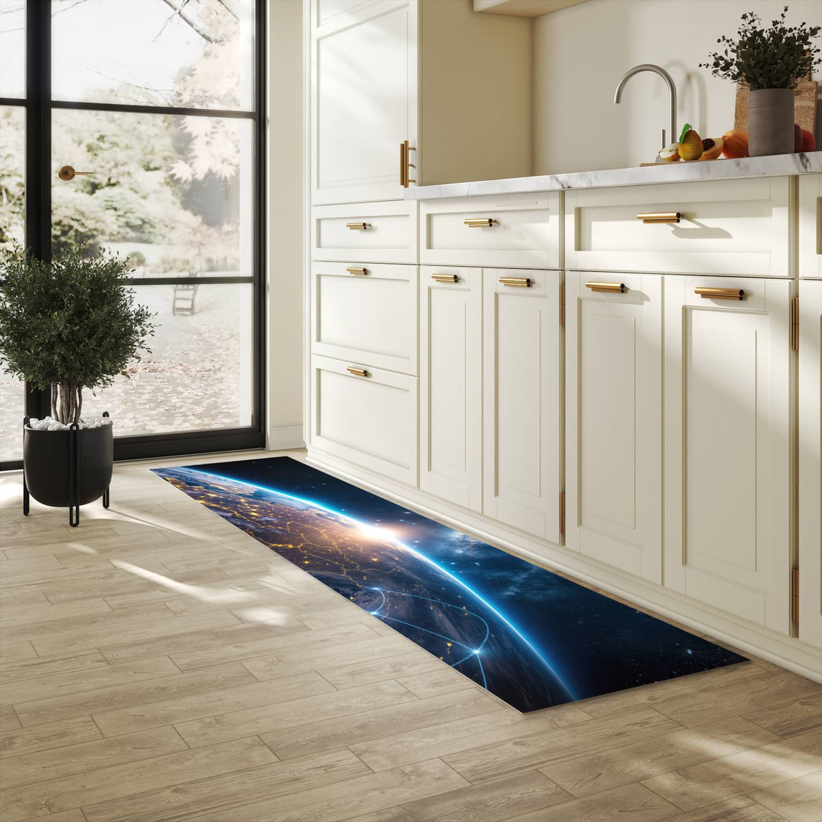 Abriebfester großer Küchenteppich mit Motiv Sonnenaufgang mit Erde in heller Küche