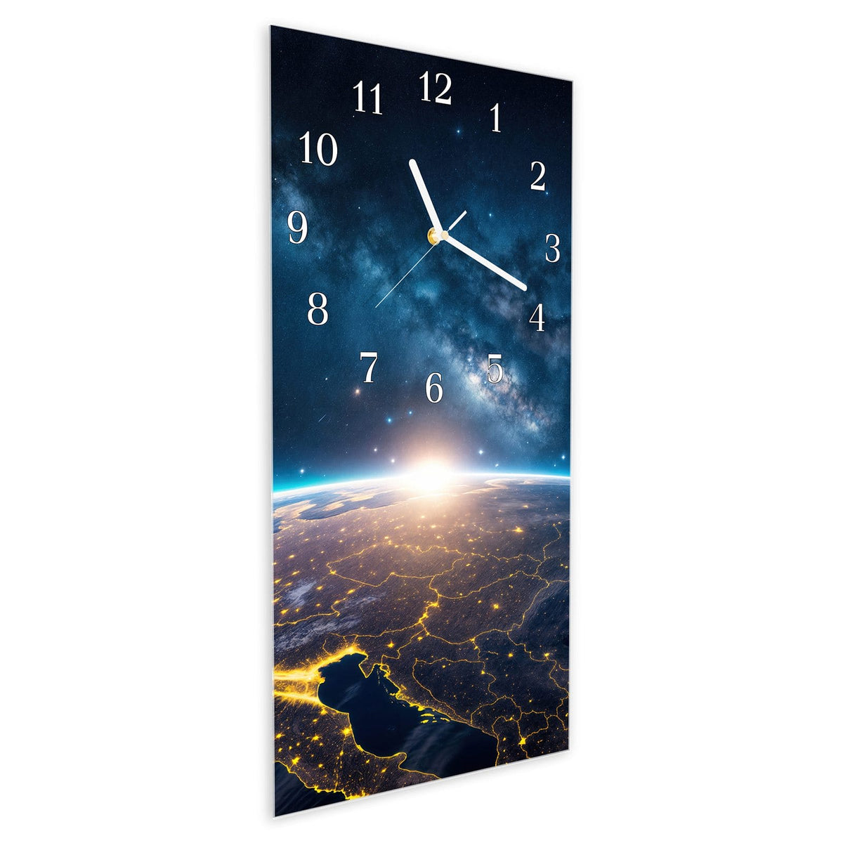 Wanduhr aus Glas im Hochformat Vernetzte Erde schräg von der Seite, 4 mm starkes Glas