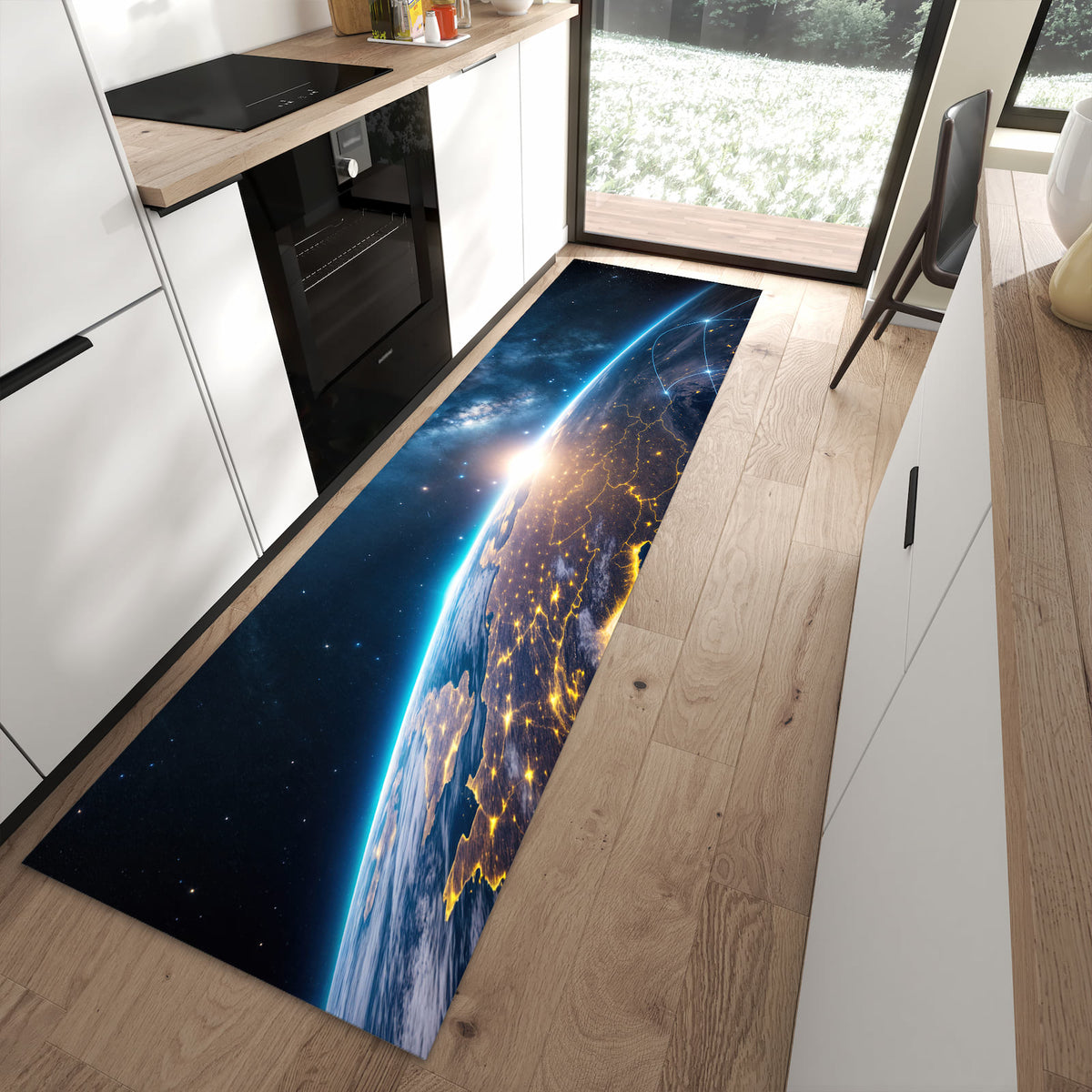 Pflegeleichter Küchenteppich mit Motiv Sonnenaufgang mit Erde in moderner Küche