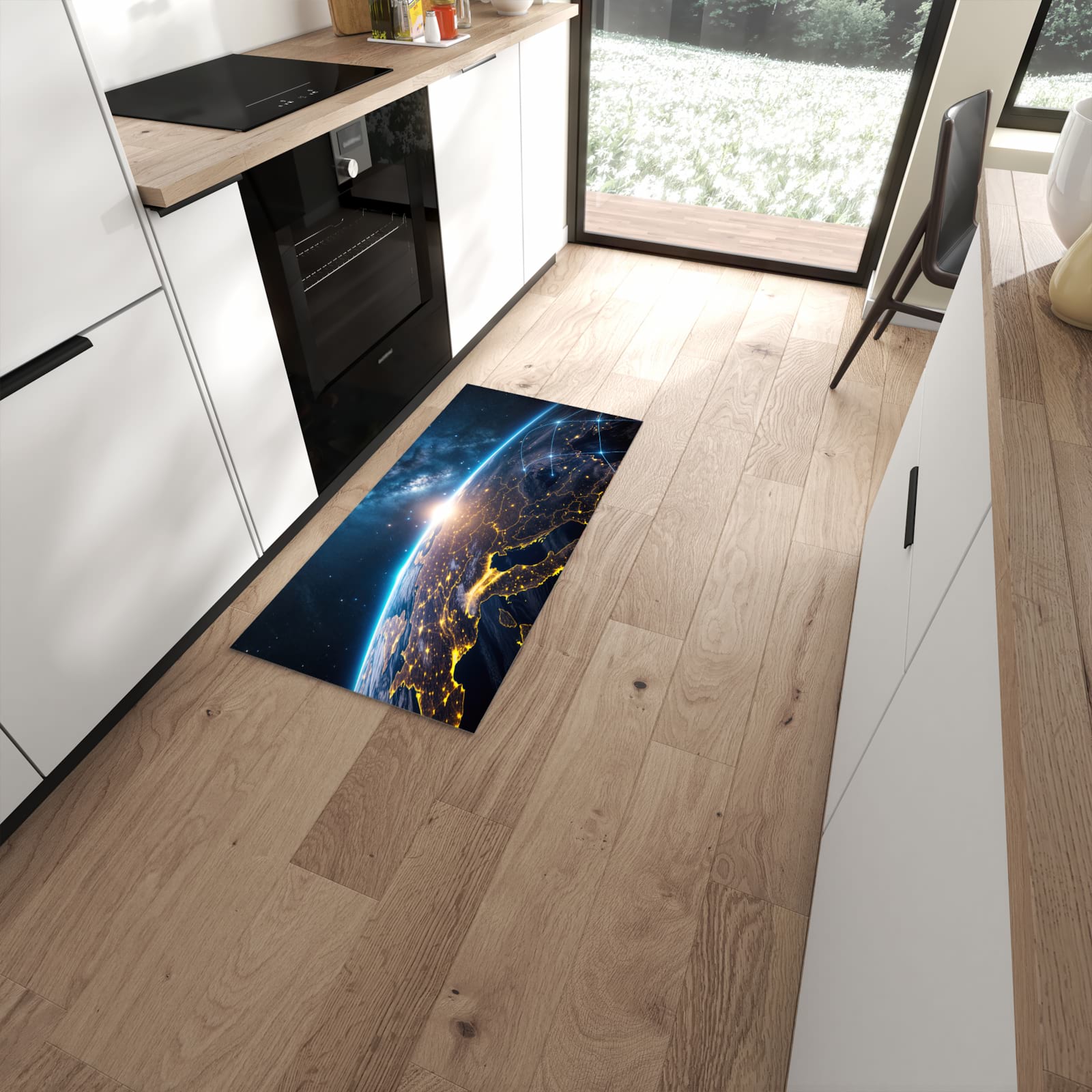 Abriebfester moderner Küchenläufer mit Motiv Sonnenaufgang mit Erde in moderner Küche #grösse_60 x 120 cm