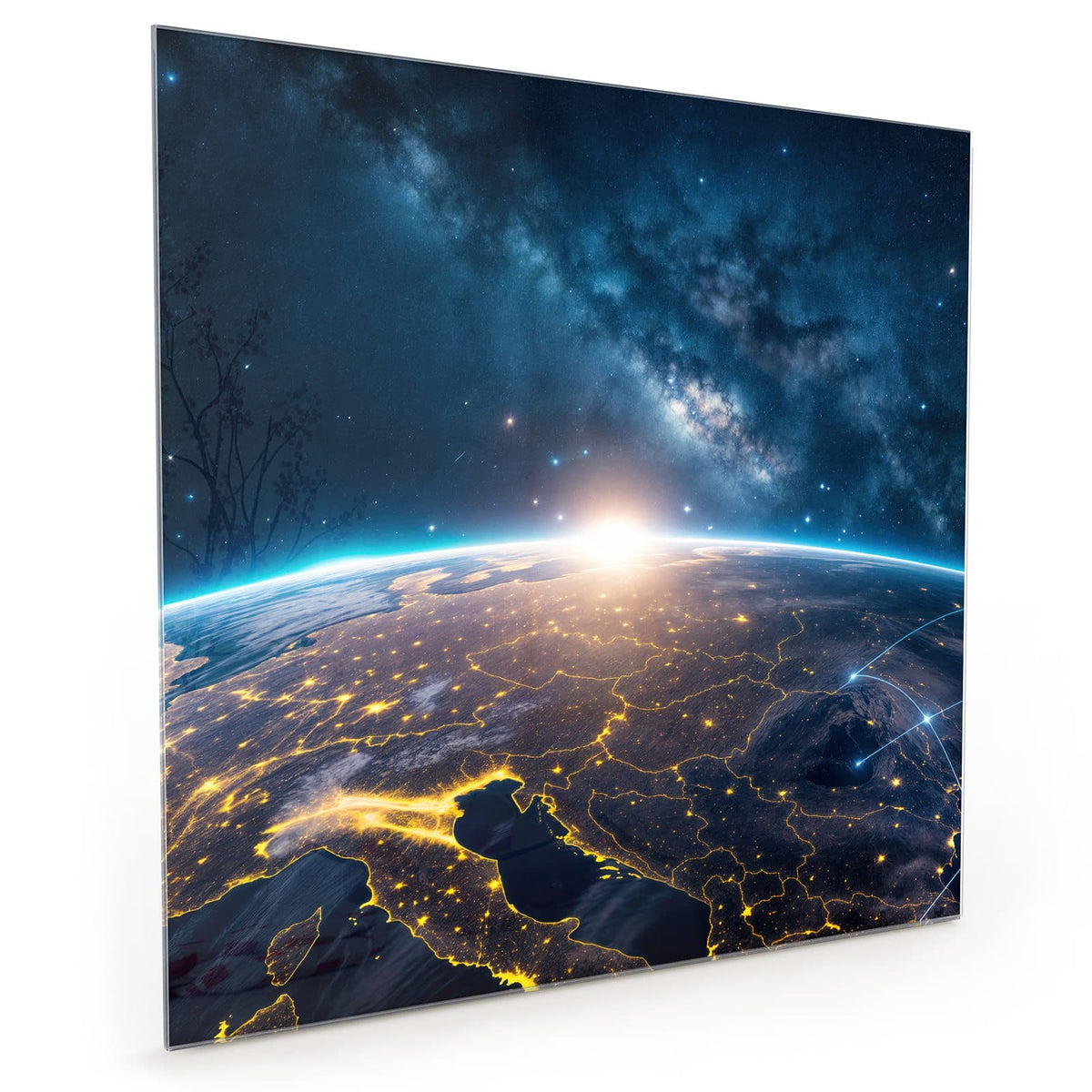 Küchenrückwand aus Glas im quadratischen Format mit Motiv Vernetzte Erde: Erde bei Nacht mit gelb leuchtenden Städten und Lichtnetzen