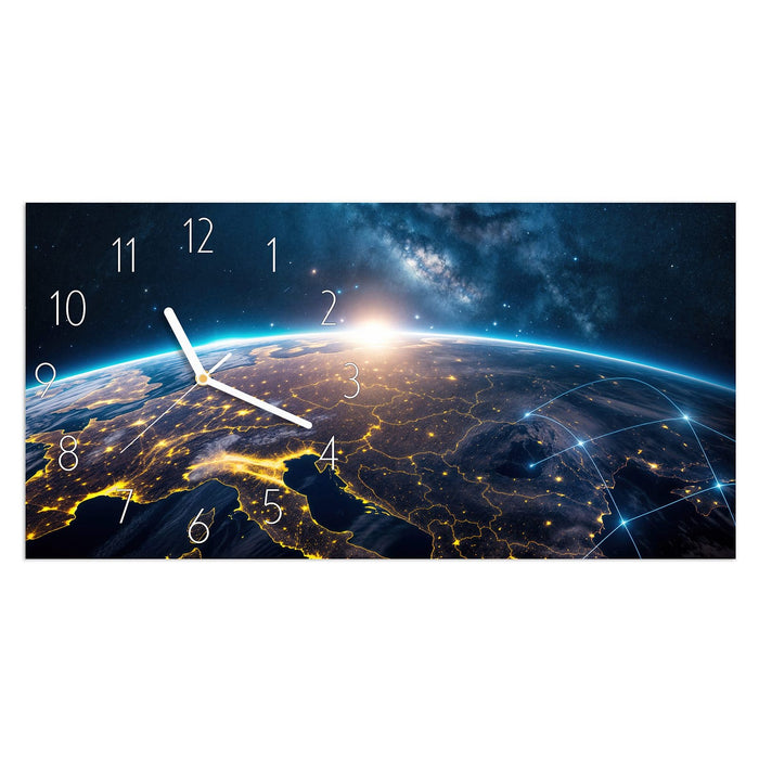 Wanduhr Sonnenaufgang mit Erde aus Glas – Querformat 60 × 30 cm mit Ziffernblatt Elegant