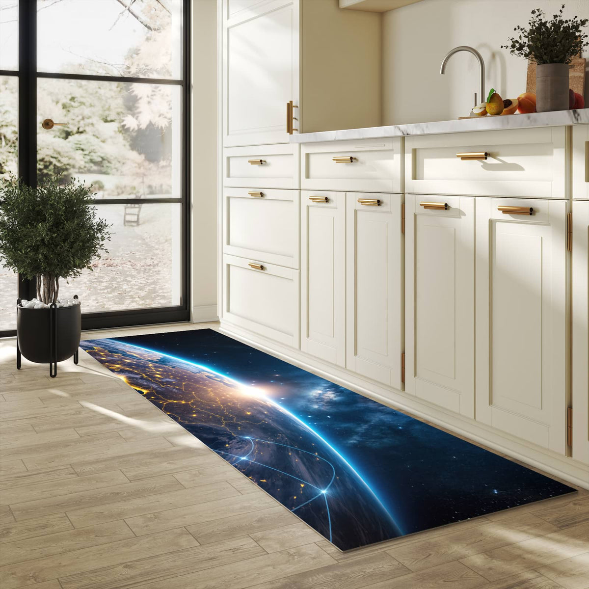 Schmutzabweisender Küchenläufer mit Motiv Sonnenaufgang mit Erde in heller Küche