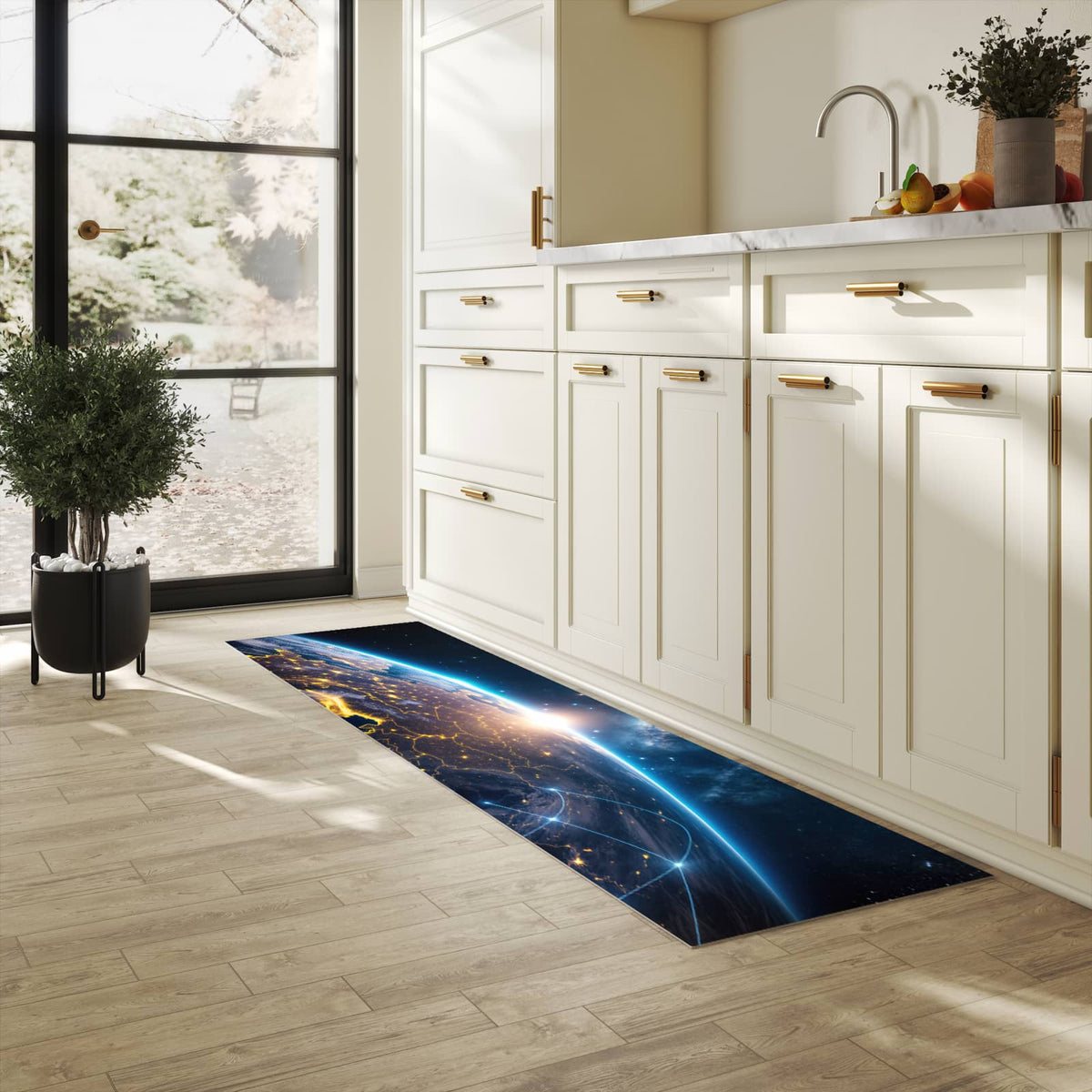 Geräuschdämpfender waschbarer Küchenteppich mit Motiv Sonnenaufgang mit Erde in heller Küche