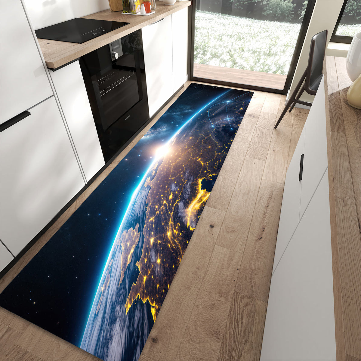 Komfortabler Küchenteppich mit Motiv Sonnenaufgang mit Erde in moderner Küche