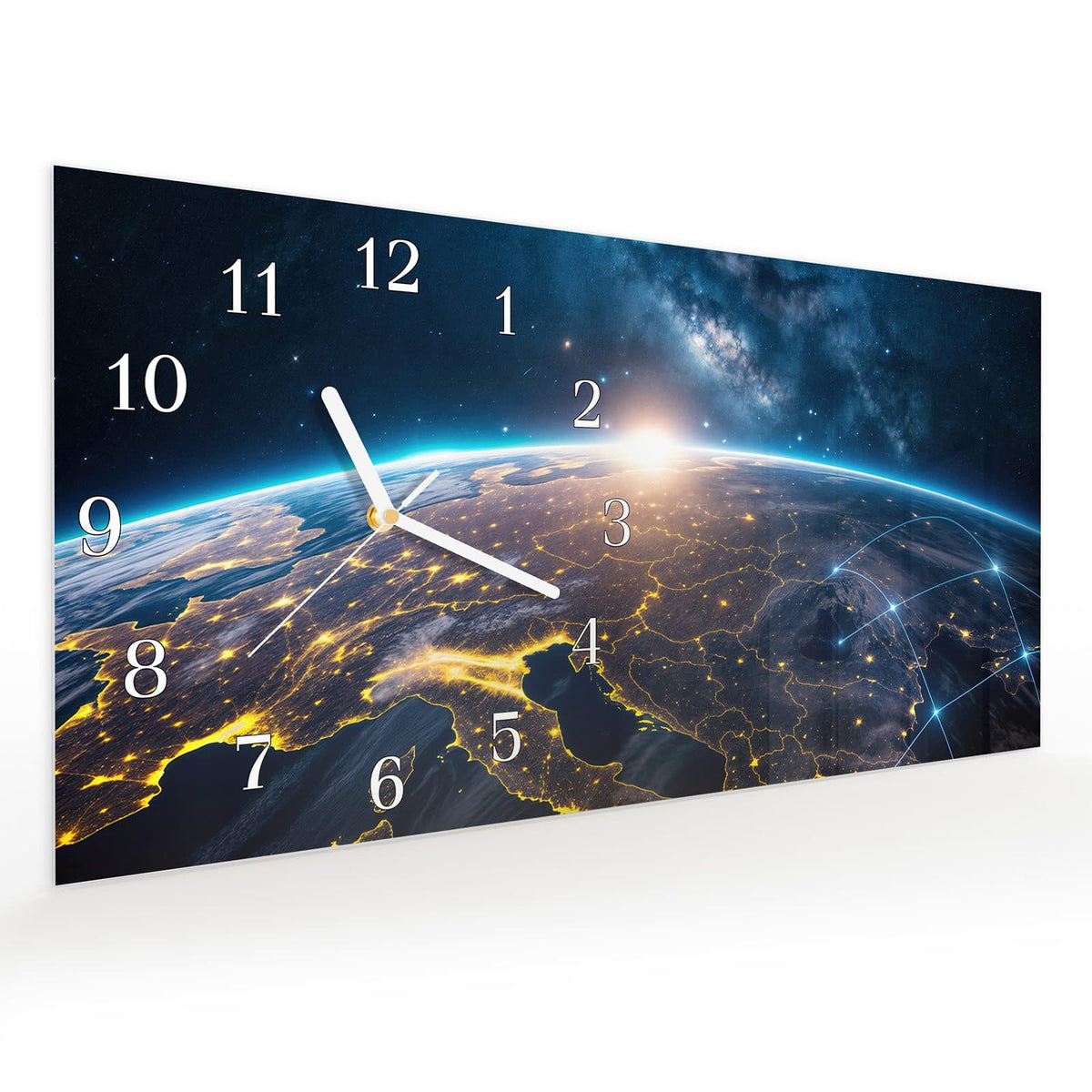 Vormontiert – mit Schwebeeffekt – Wanduhr Sonnenaufgang mit Erde aus Glas – Querformat 60 × 30 cm
