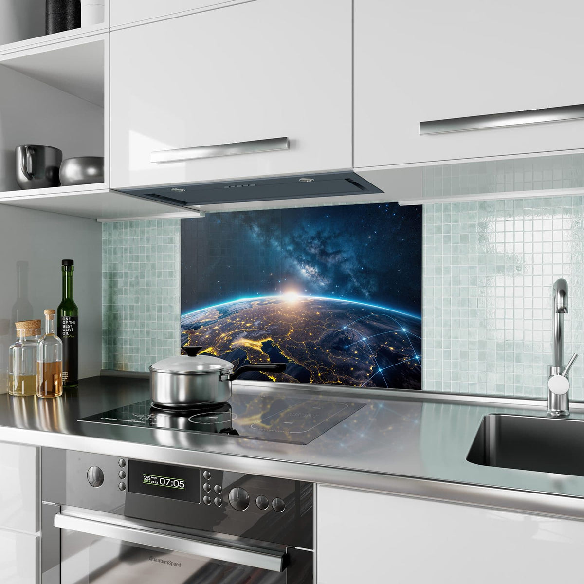 Küchenrückwand aus Glas Vernetzte Erde im Hochformat als Spritzschutz hinter dem Kochfeld, über dem Fliesenspiegel montiert