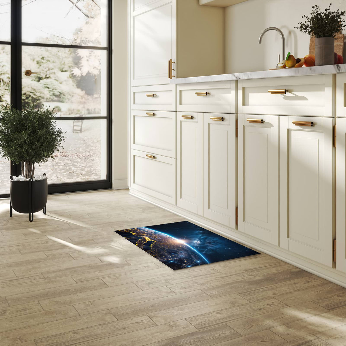 Waschbarer Küchenteppich mit Motiv Sonnenaufgang mit Erde für Trittkomfort in heller Küche
