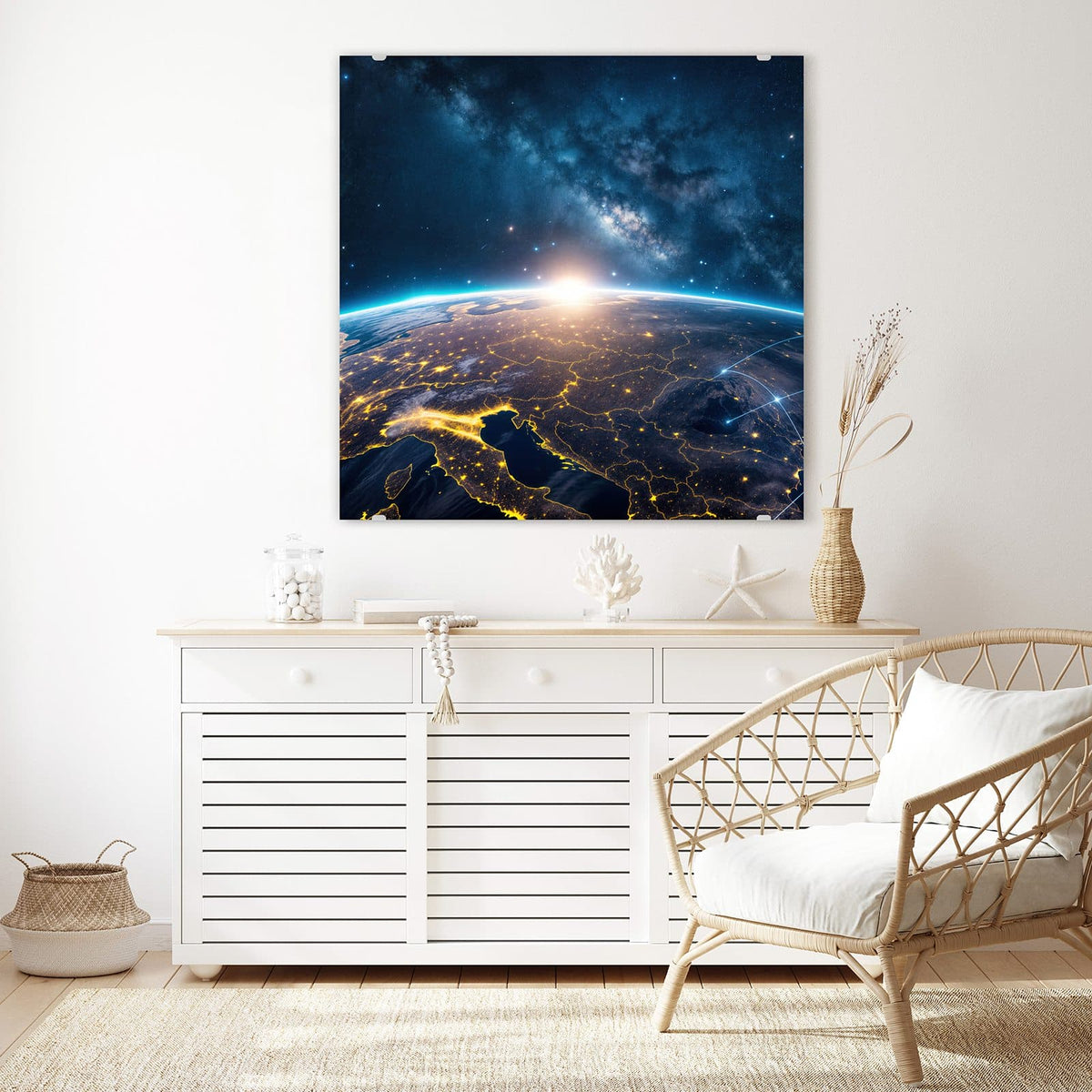Echtglas, 4 mm – kein Acryl, keine Folie – Wandbild - Vernetzte Erde - Quadratisch