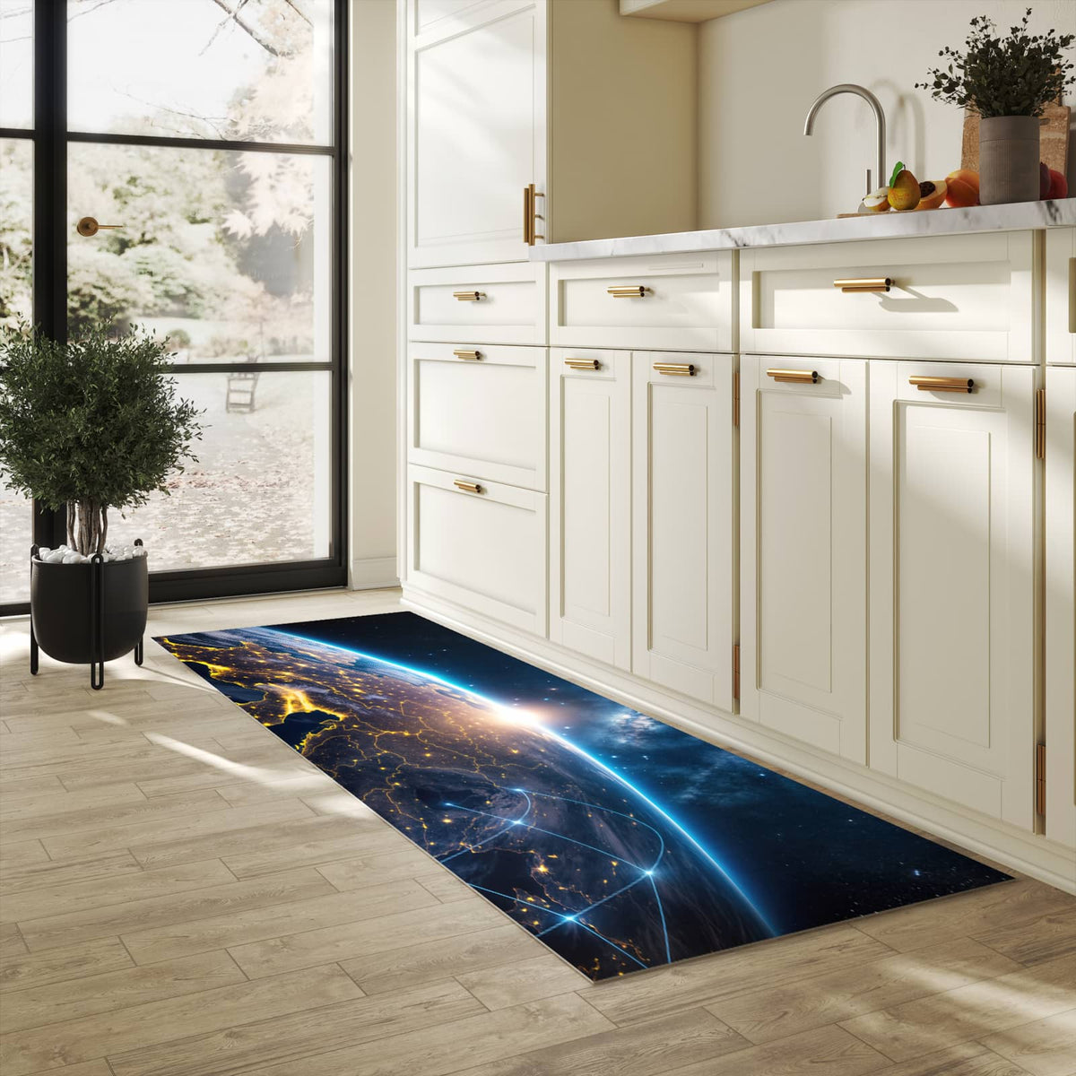 Fleckenresistenter Küchenläufer mit Motiv Sonnenaufgang mit Erde in heller Küche