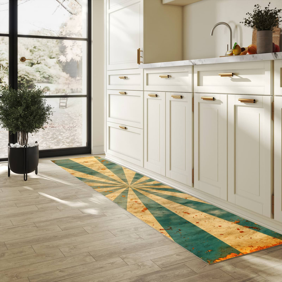 Waschbarer Teppich fürs Esszimmer mit Motiv Retro Sonnenstrahlen in heller Küche