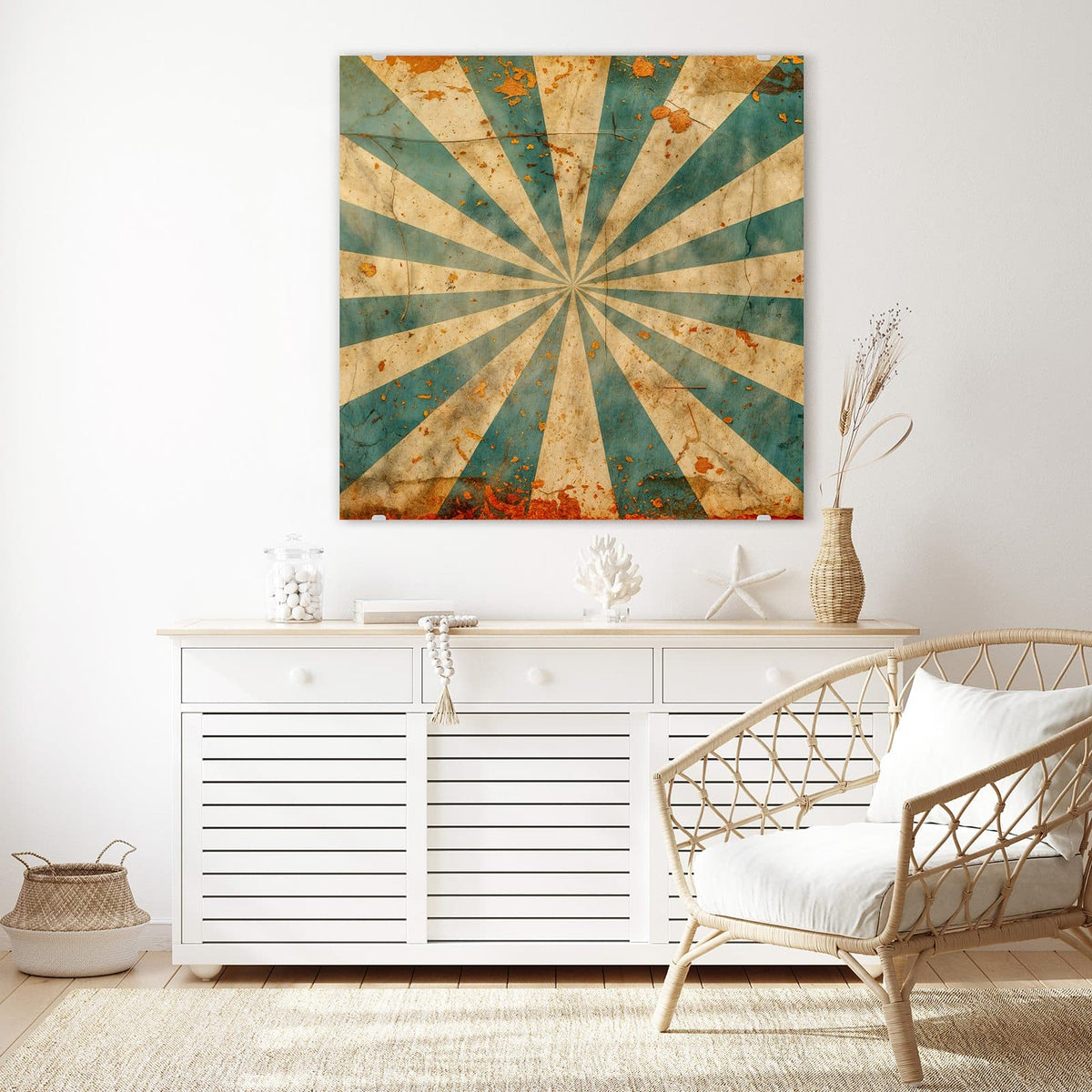 Glasbild Retro Sonnenstrahlen an der Wand – Strahlenkranz in Petrol und Creme auf vergilbtem Papier mit Rostflecken