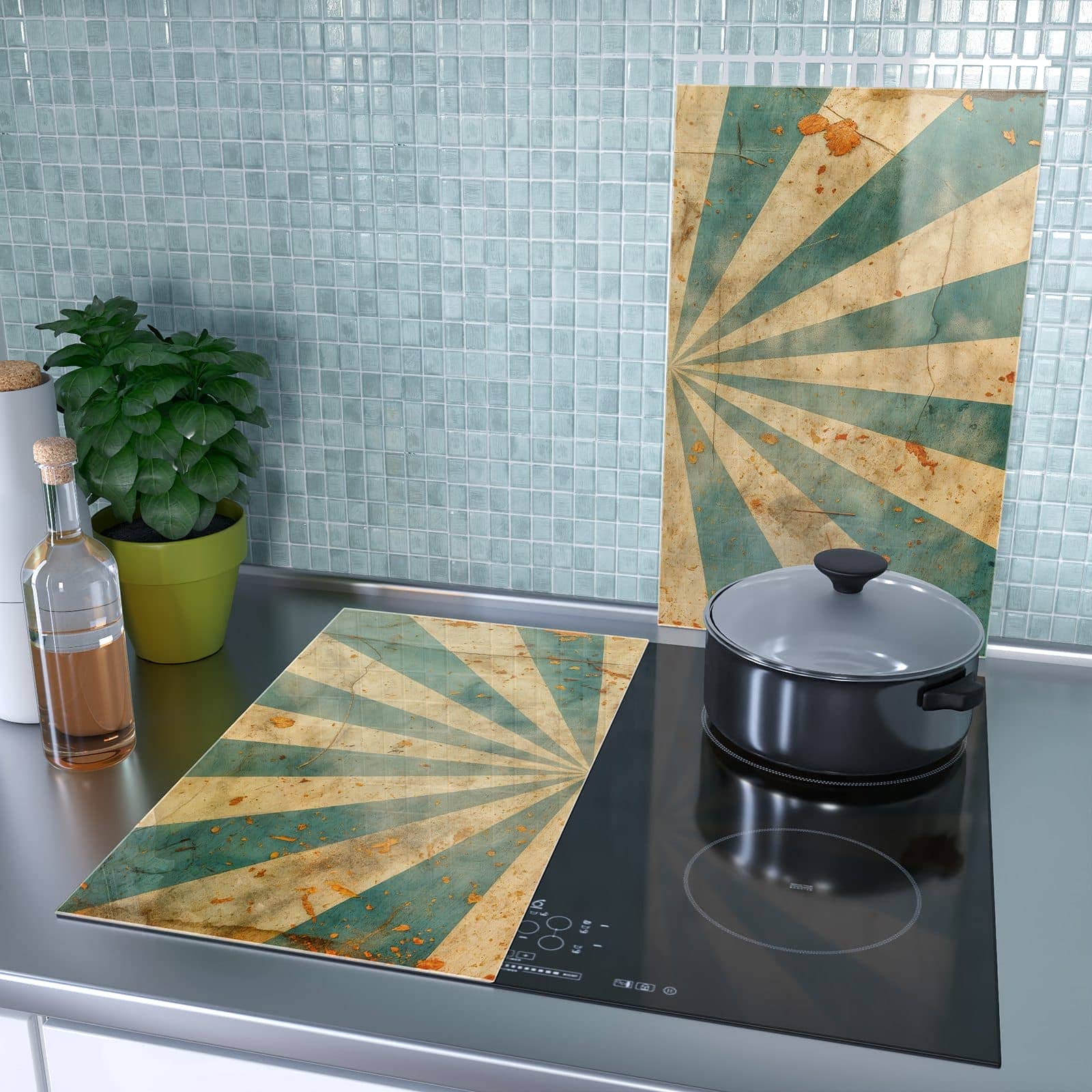 2-teilige Herdabdeckplatte mit Retro Sonnenstrahlen-Motiv als Spritzschutz hinter dem Kochfeld