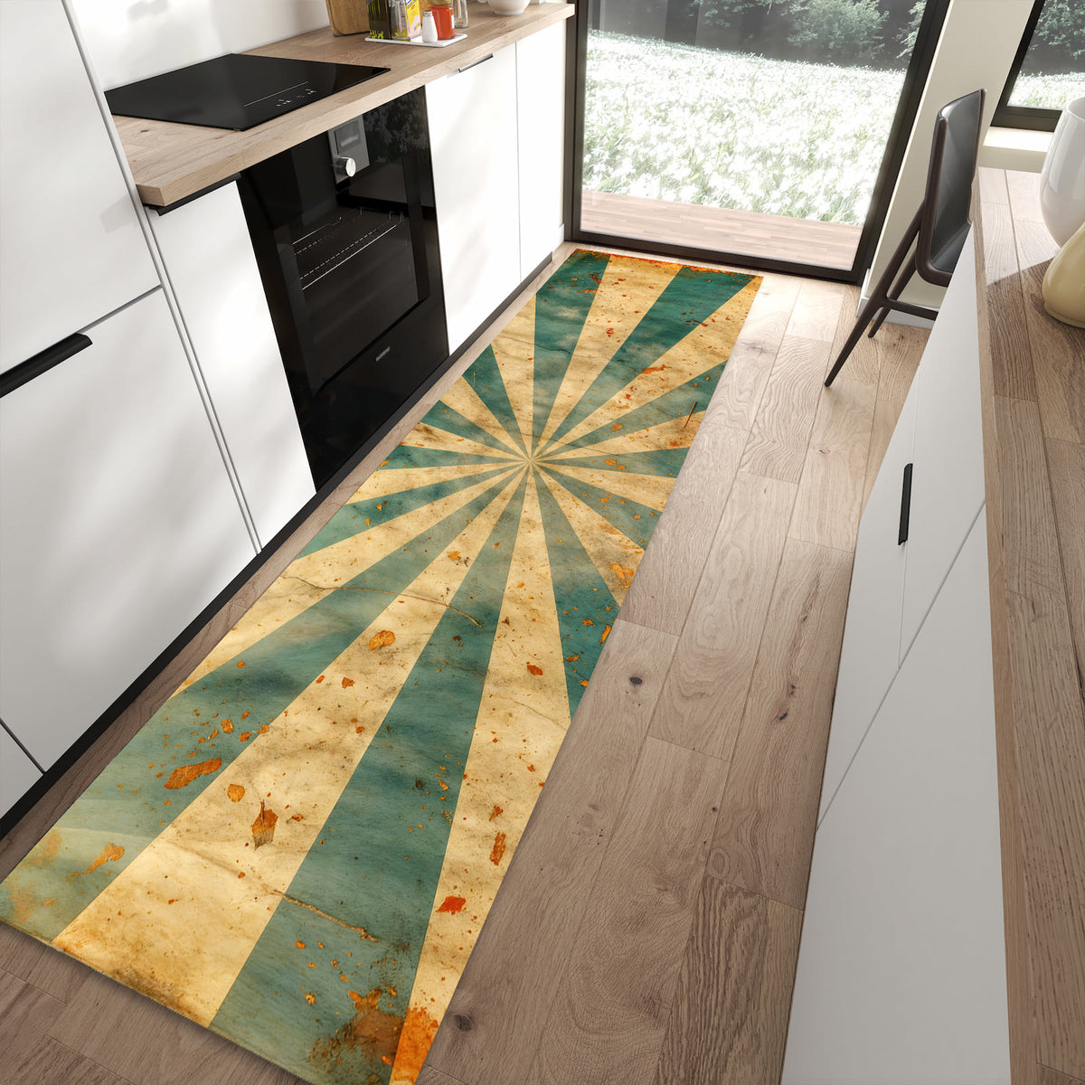 Sicherer Küchenläufer mit Motiv Retro Sonnenstrahlen in moderner Küche