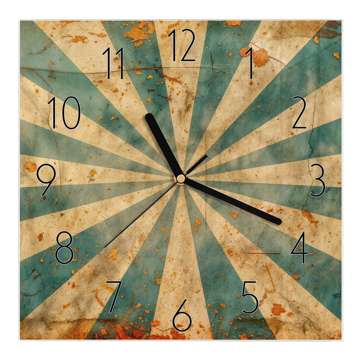 Wanduhr aus Glas, Ziffernblatt Elegant mit Motiv Retro Sonnenstrahlen: Strahlenkranz in Petrol und Creme auf vergilbtem Papier mit Rostflecken #ziffernblatt_Elegant