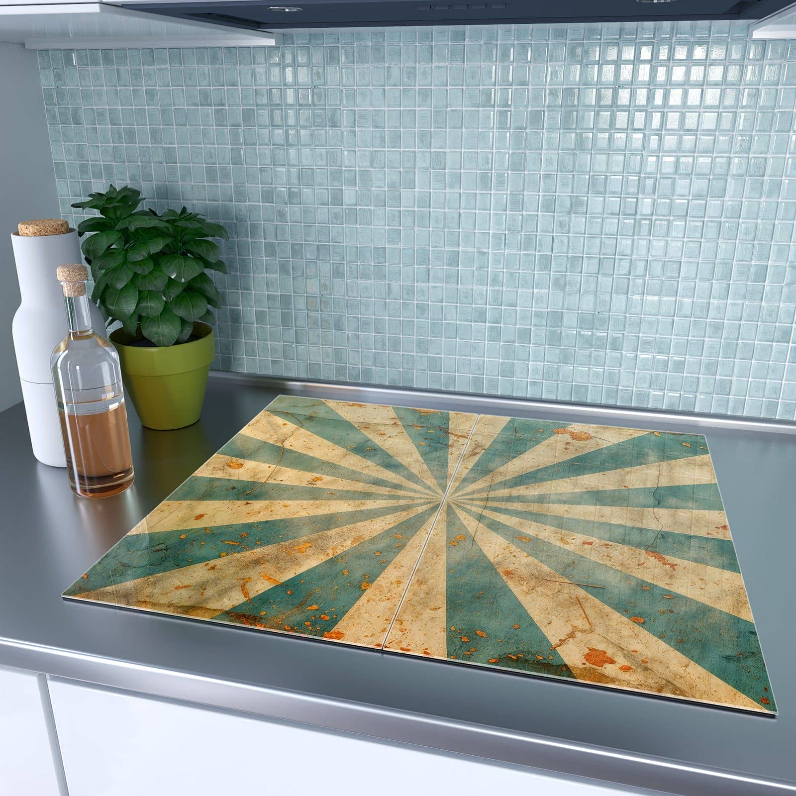 2-teilige Herdabdeckplatte für Ceranfeld mit Retro Sonnenstrahlen-Motiv auf dem Ceranfeld