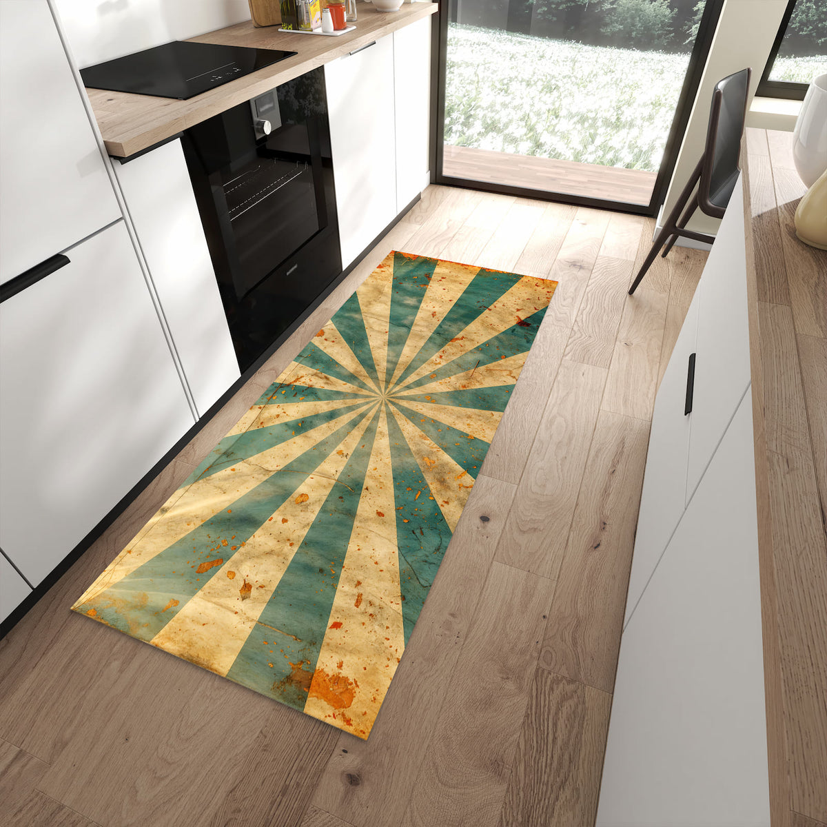 Bodenschonender rutschfester Küchenläufer mit Motiv Retro Sonnenstrahlen in moderner Küche