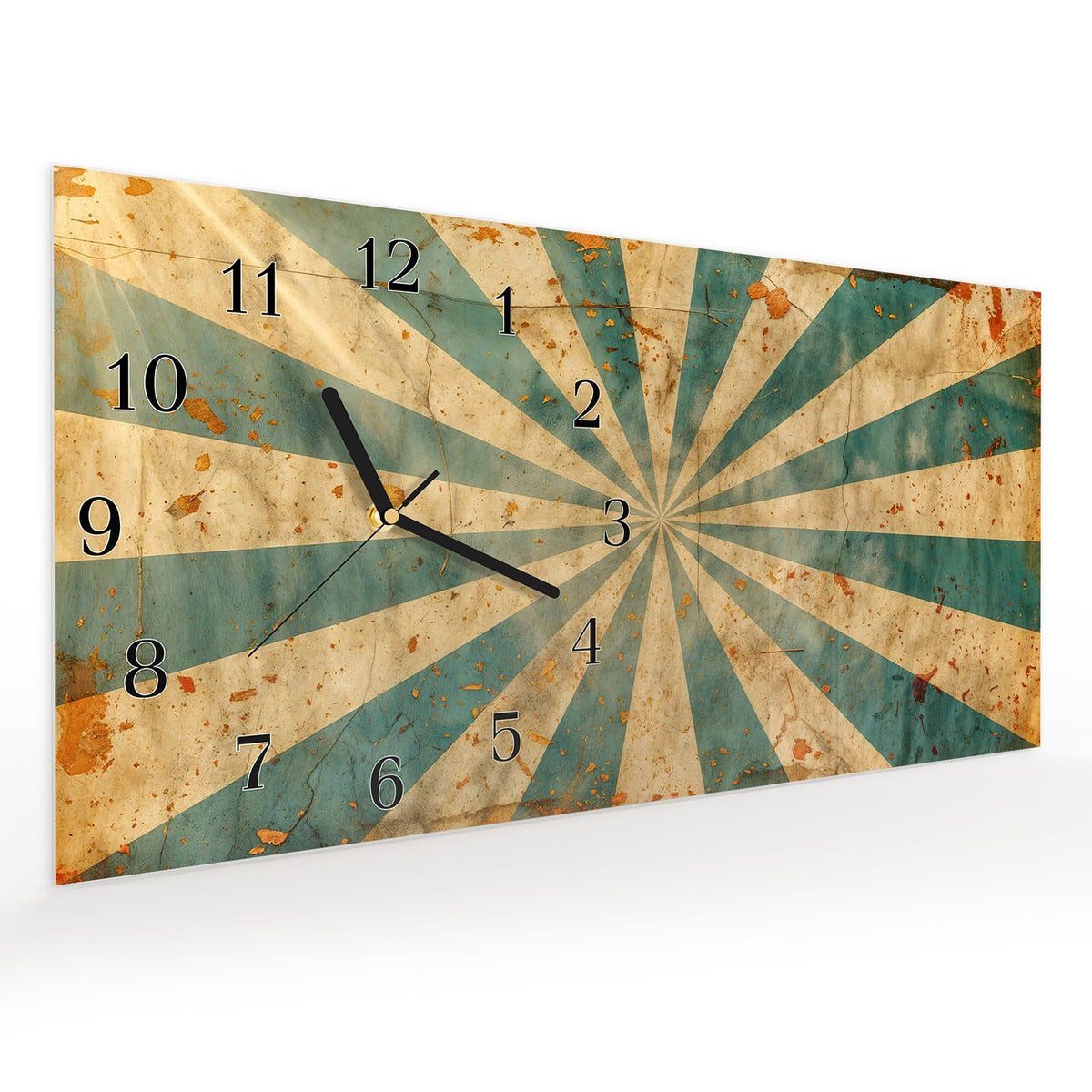Vormontiert – mit Schwebeeffekt – Wanduhr Retro Sonnenstrahlen aus Glas – Querformat 60 × 30 cm