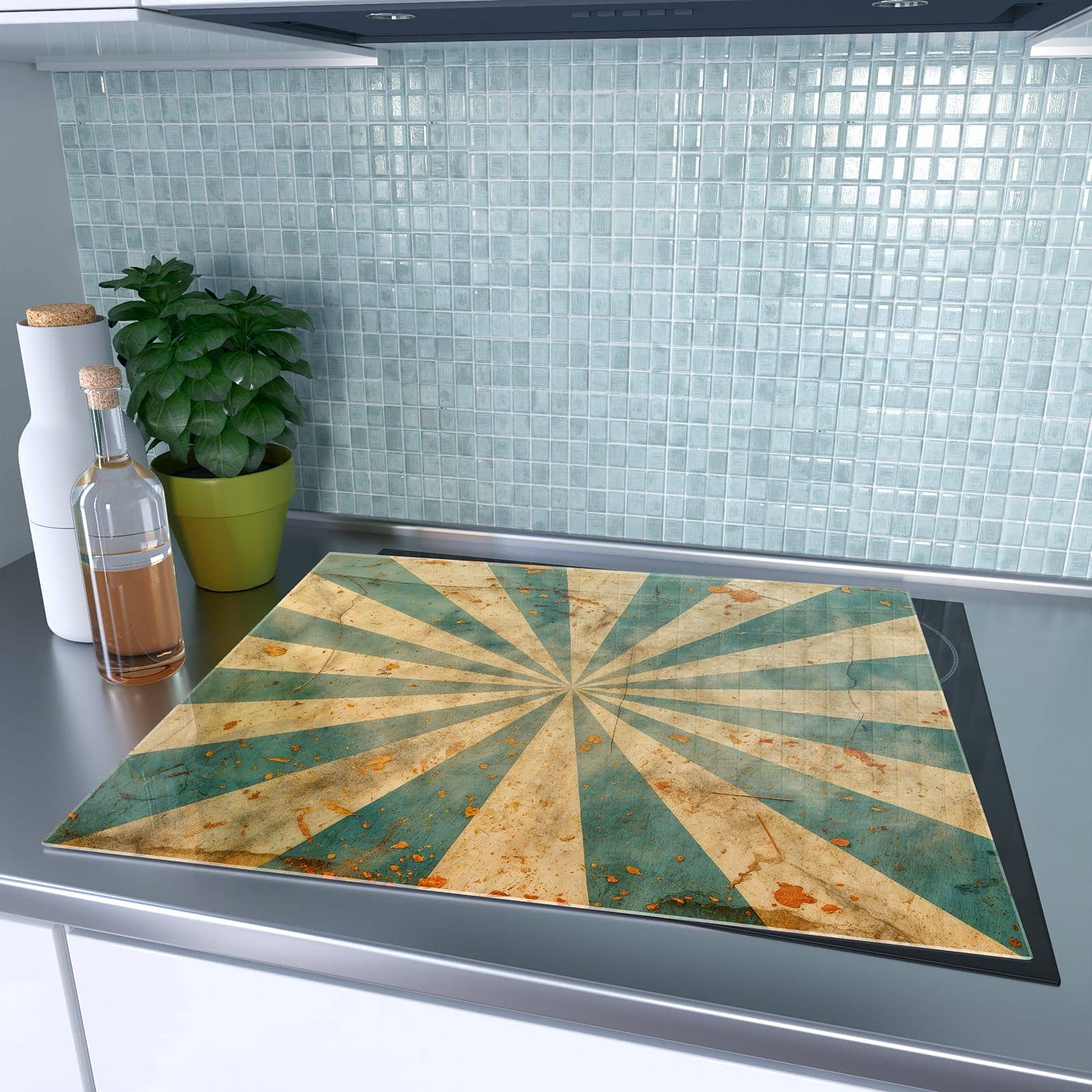 1-teilige Herdabdeckplatte mit Retro Sonnenstrahlen-Motiv auf dem Ceranfeld