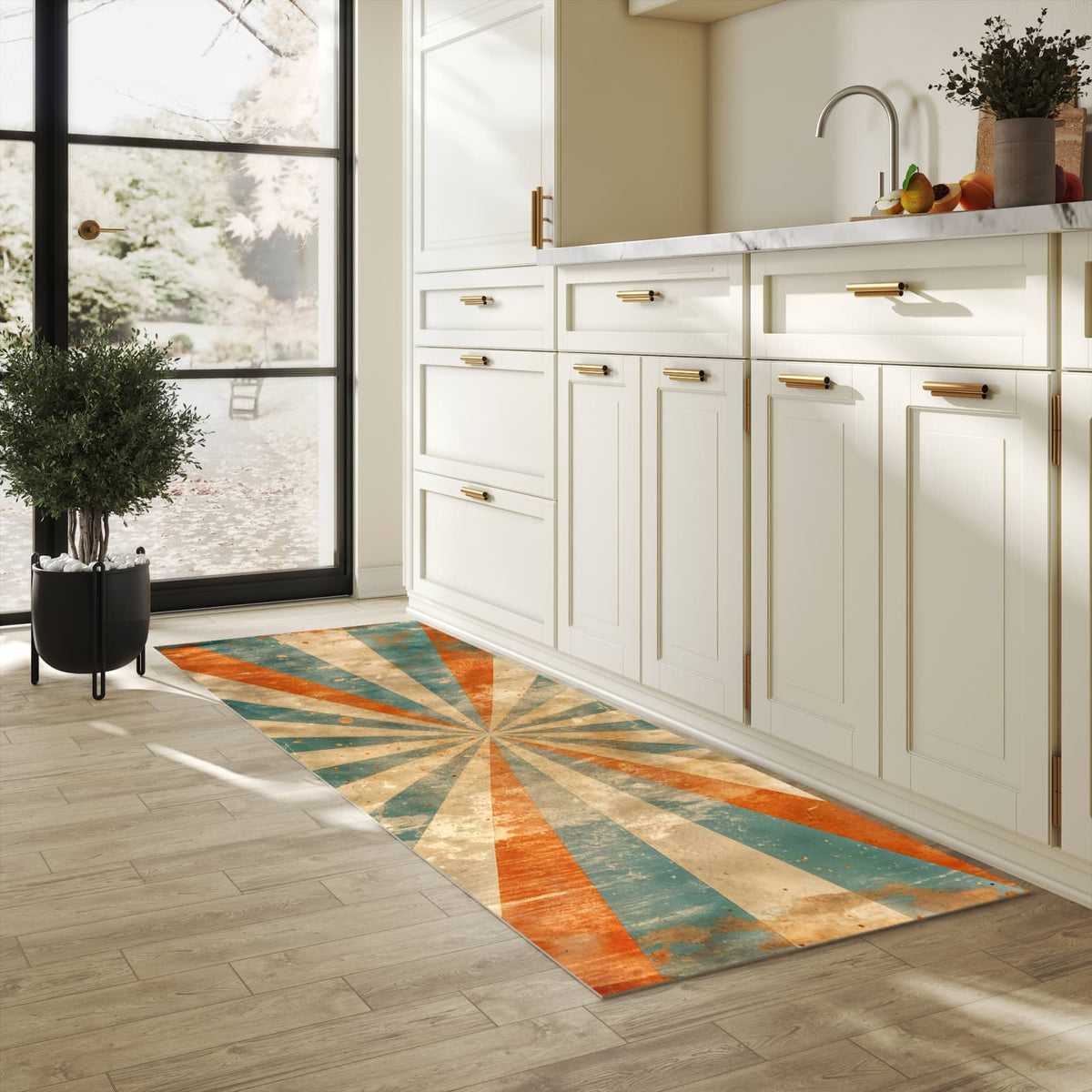 Geruchsneutraler Küchenläufer mit Motiv Retro Strahlen Design in heller Küche