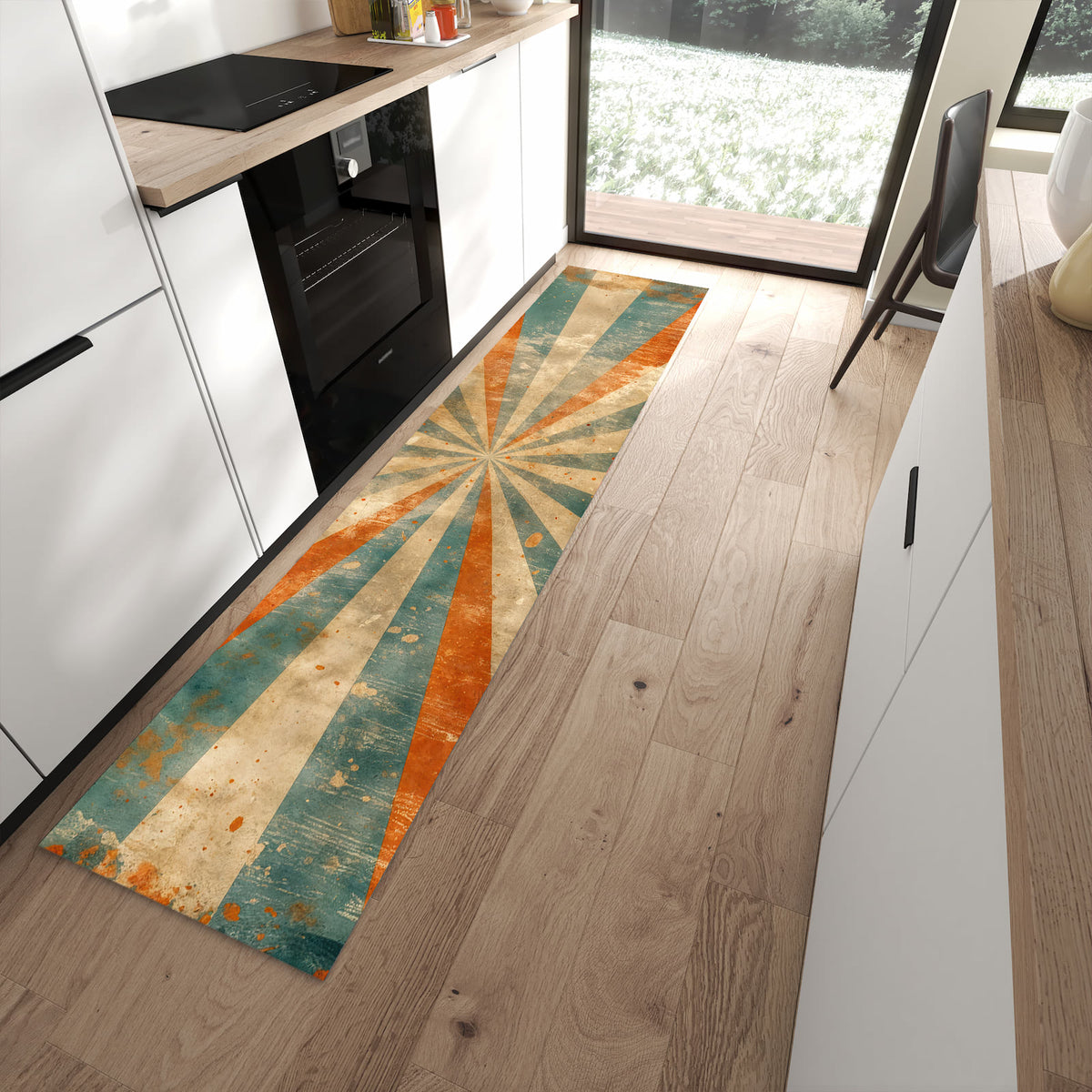 Geruchsneutraler Bodenläufer Teppich mit Motiv Retro Strahlen Design in moderner Küche