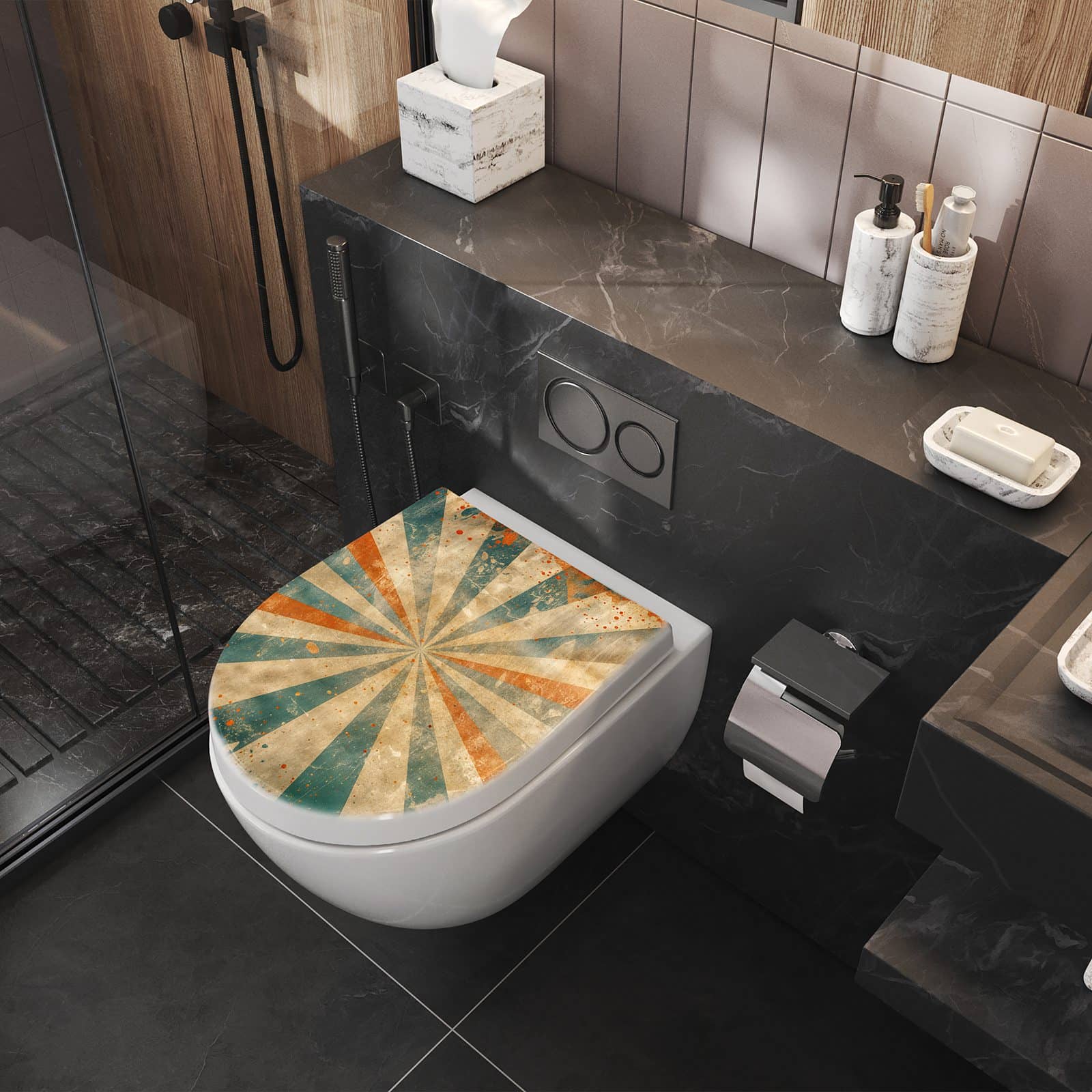 WC-Sitz mit Absenkautomatik Retro Strahlen Design