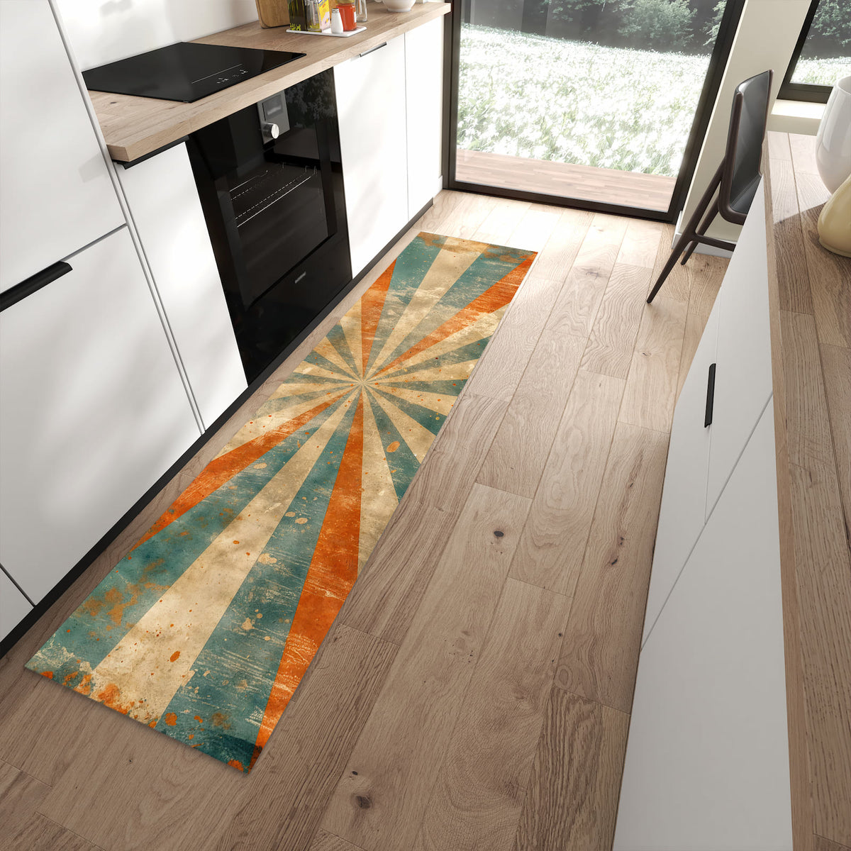 Schmutzabweisender Bodenläufer mit Motiv Retro Strahlen Design in moderner Küche