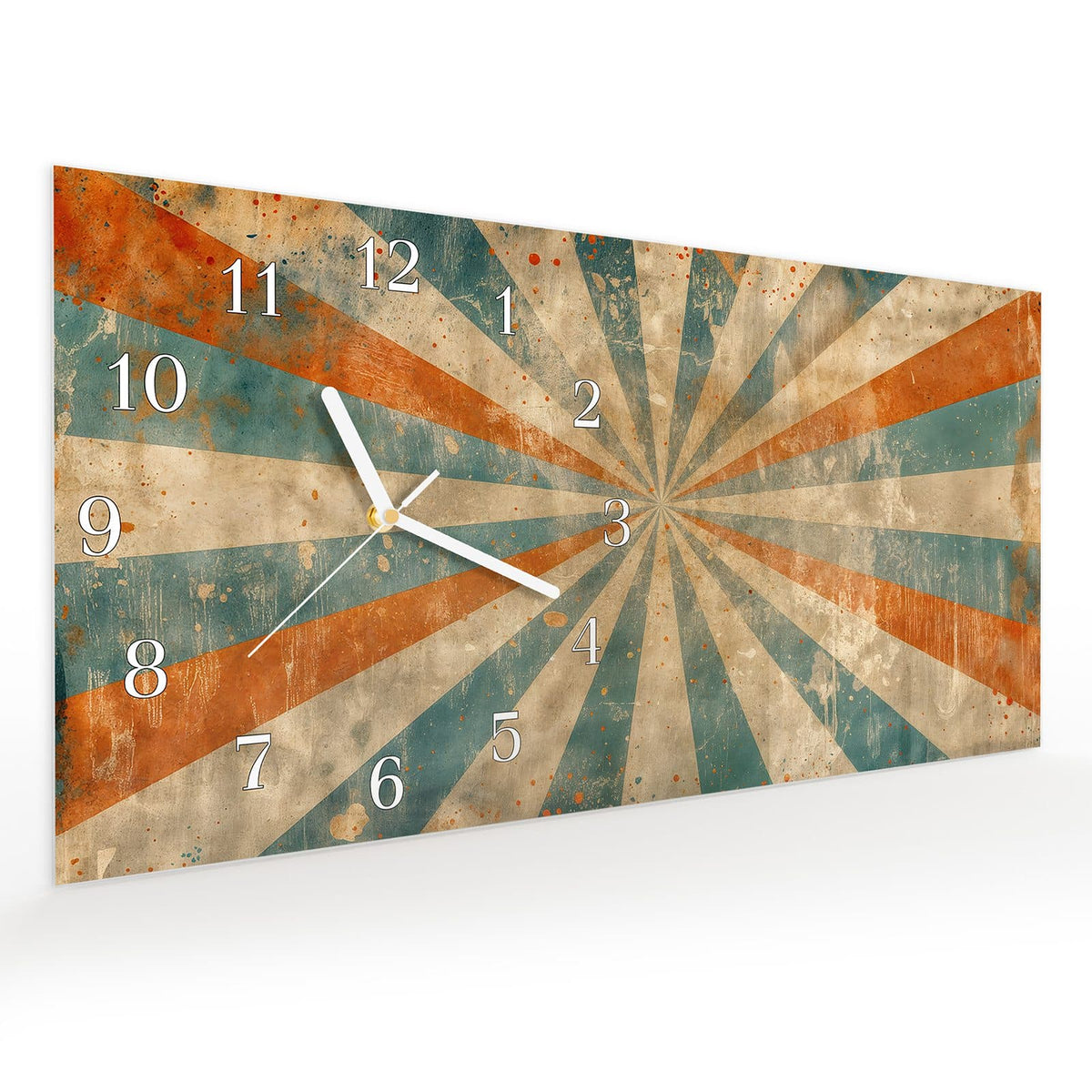 Vormontiert – mit Schwebeeffekt – Wanduhr Retro Strahlen Design aus Glas – Querformat 60 × 30 cm