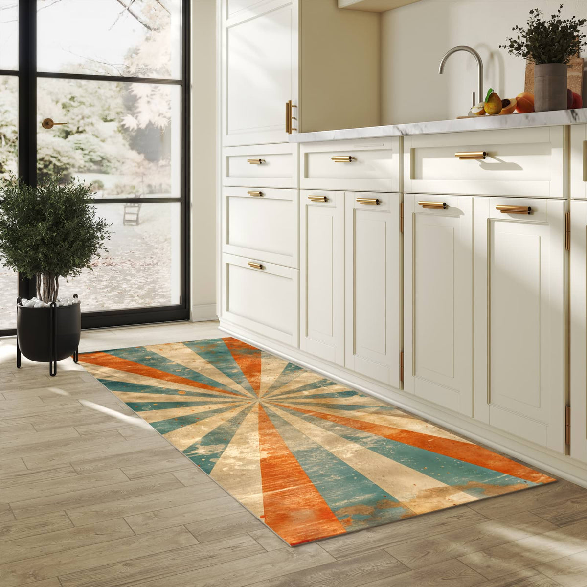Komfortabler langer Teppich mit Motiv Retro Strahlen Design in heller Küche