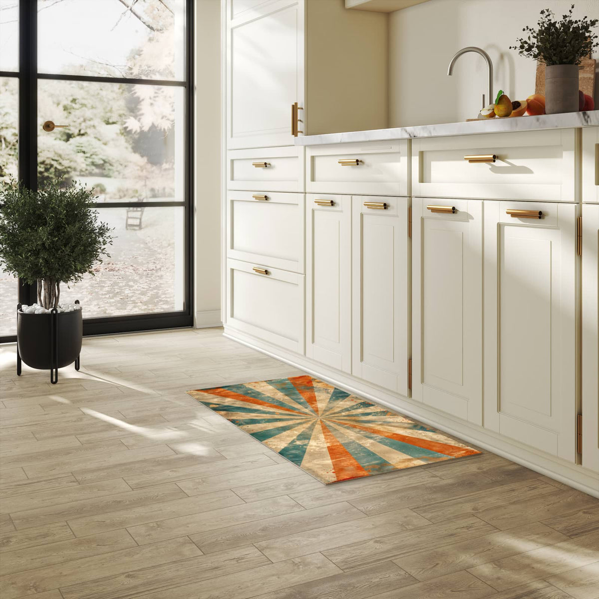 Langlebiger Küchenteppich mit Motiv Retro Strahlen Design in heller Küche
