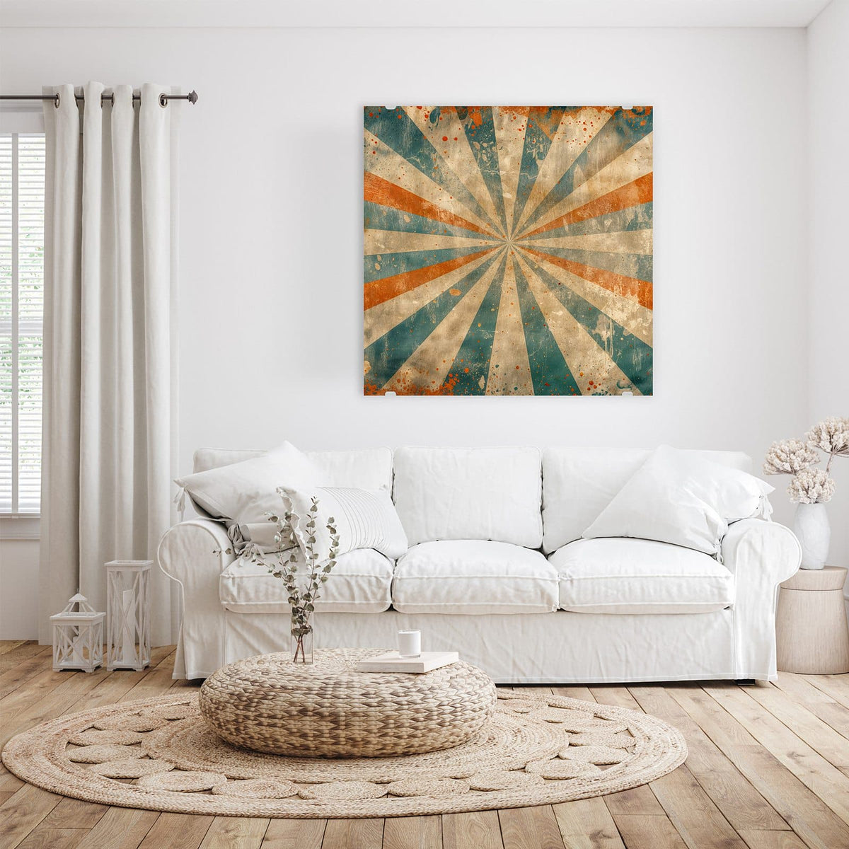 Glasbild Strahlenkranz in Orange an der Wand – Vintage-Strahlenkranz aus Creme, Petrol und Orange mit Grunge-Flecken