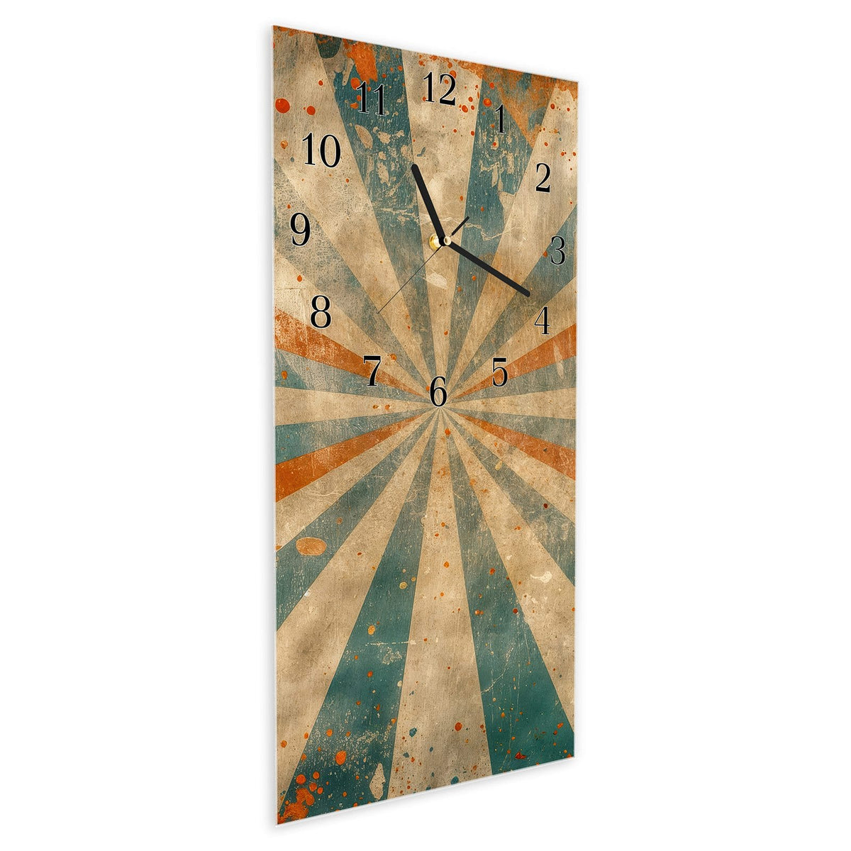 Vormontiert – mit Schwebeeffekt – Wanduhr Retro Strahlen Design aus Glas – Hochformat 30 × 60 cm