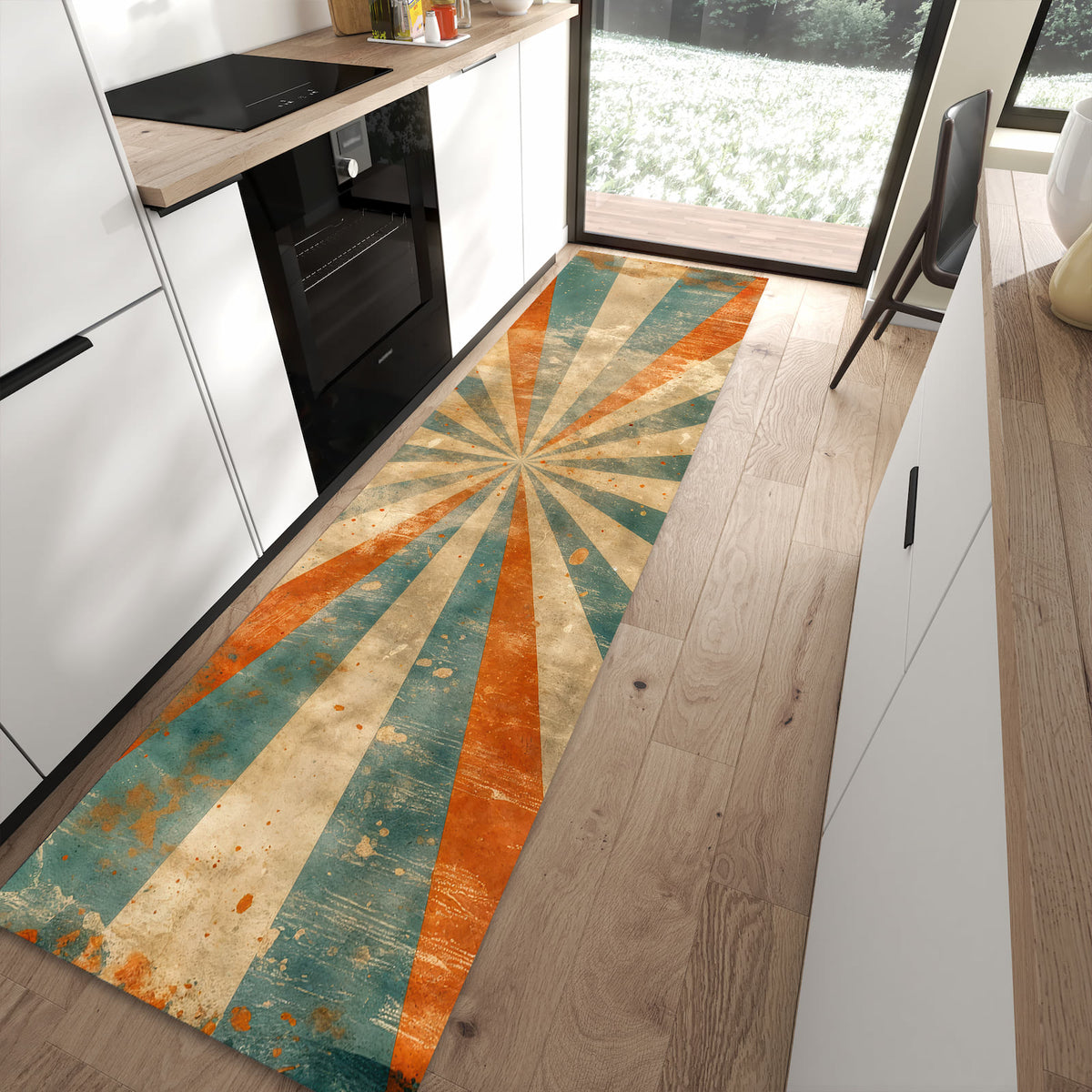 Leicht zu reinigender Küchenteppich mit Motiv Retro Strahlen Design in moderner Küche