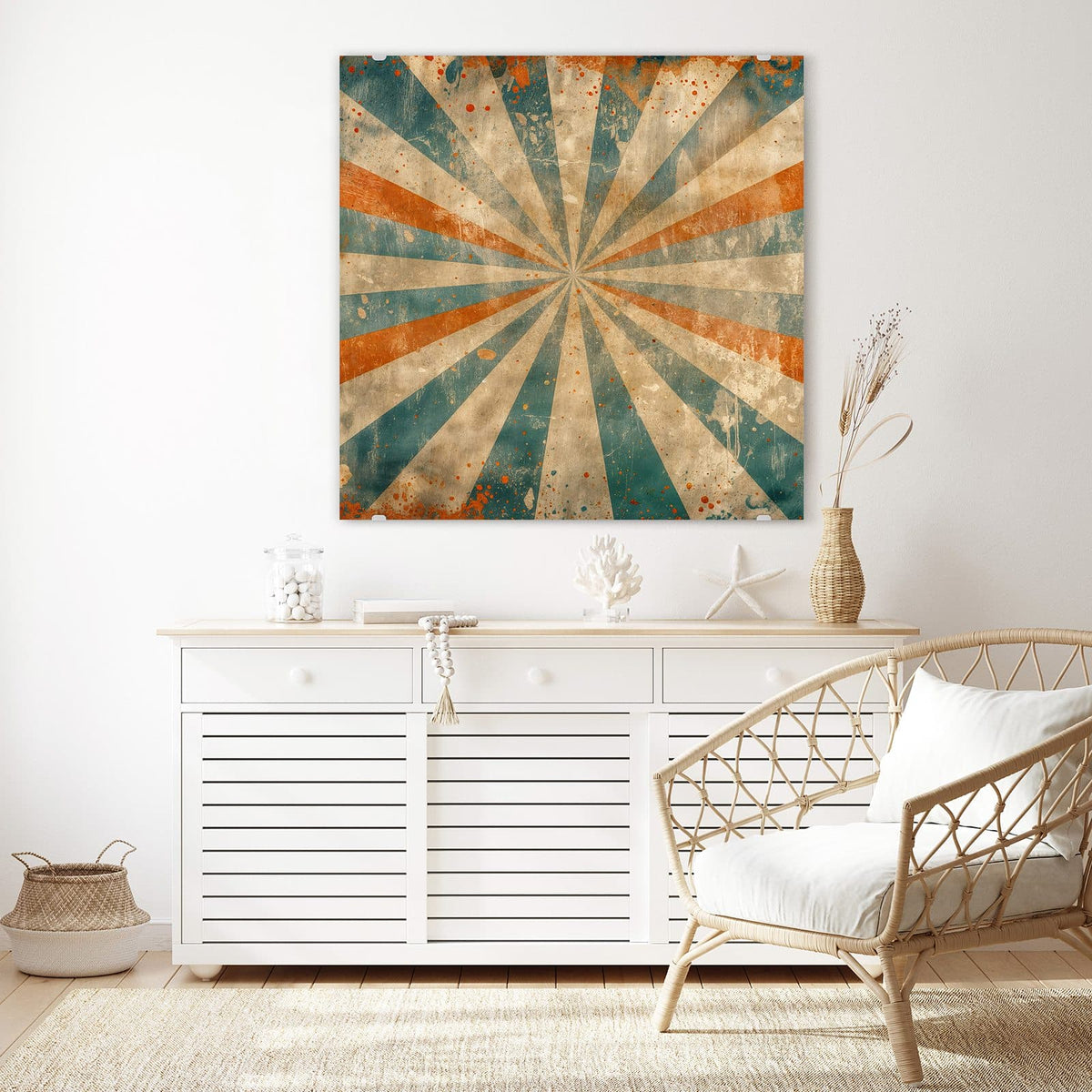 Glasbild Strahlenkranz in Orange an der Wand – Vintage-Strahlenkranz aus Creme, Petrol und Orange mit Grunge-Flecken