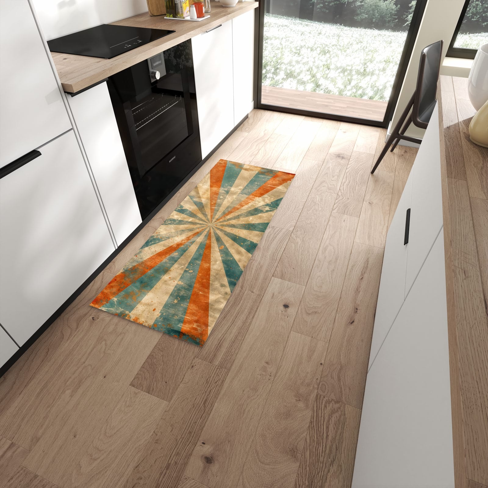 Wasserabweisender Teppich für Esstisch mit Motiv Retro Strahlen Design in moderner Küche #grösse_60 x 150 cm