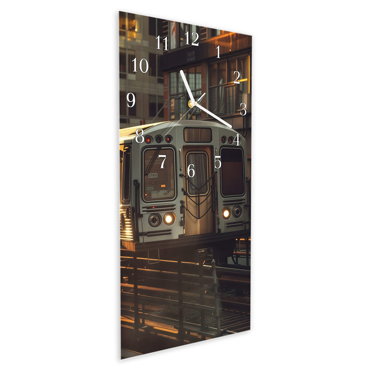 Vormontiert – mit Schwebeeffekt – Wanduhr Stadtzug Sonnenuntergang aus Glas – Hochformat 30 × 60 cm